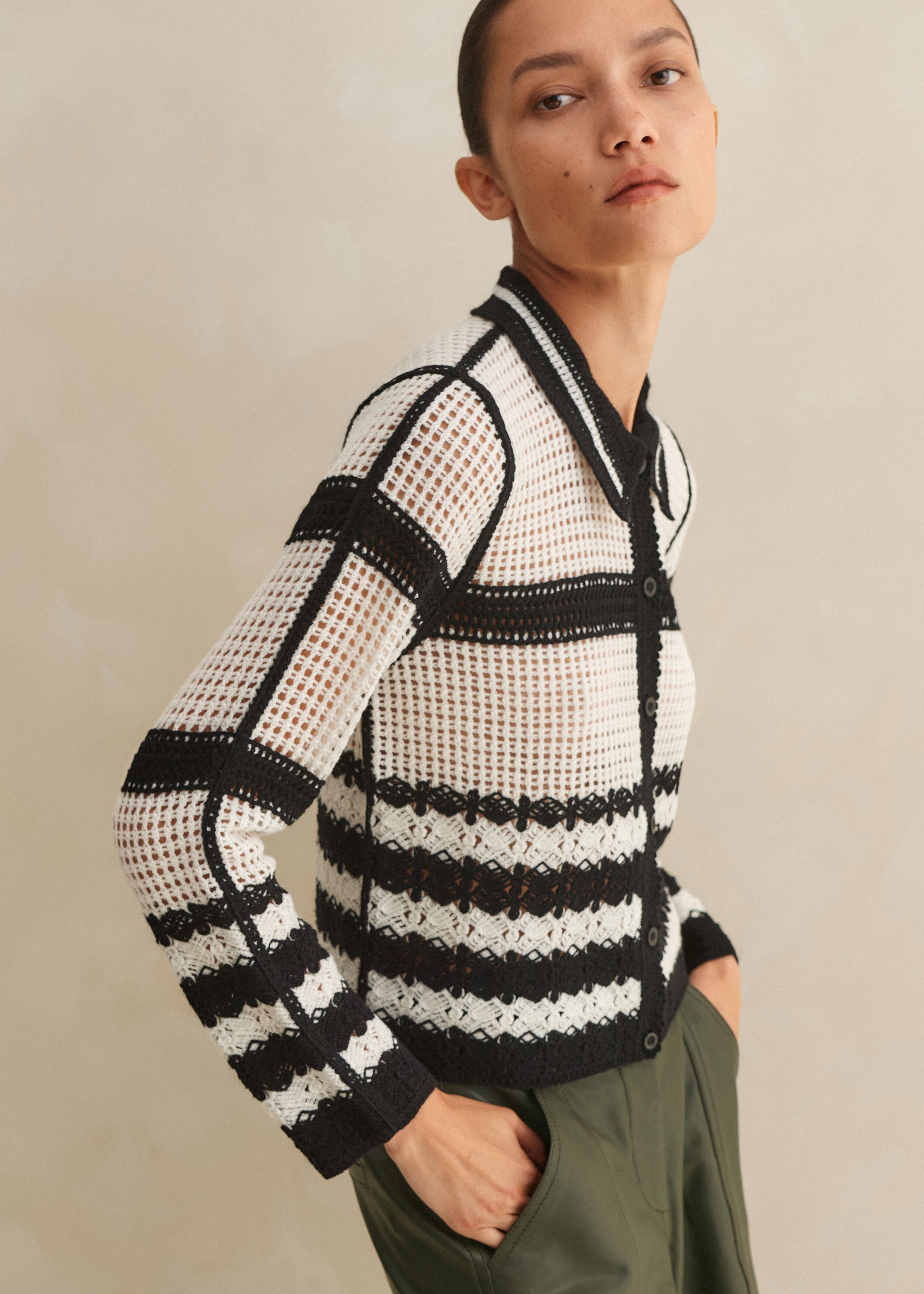 Crochet Monochrome Stripe Jacket Cream/Black