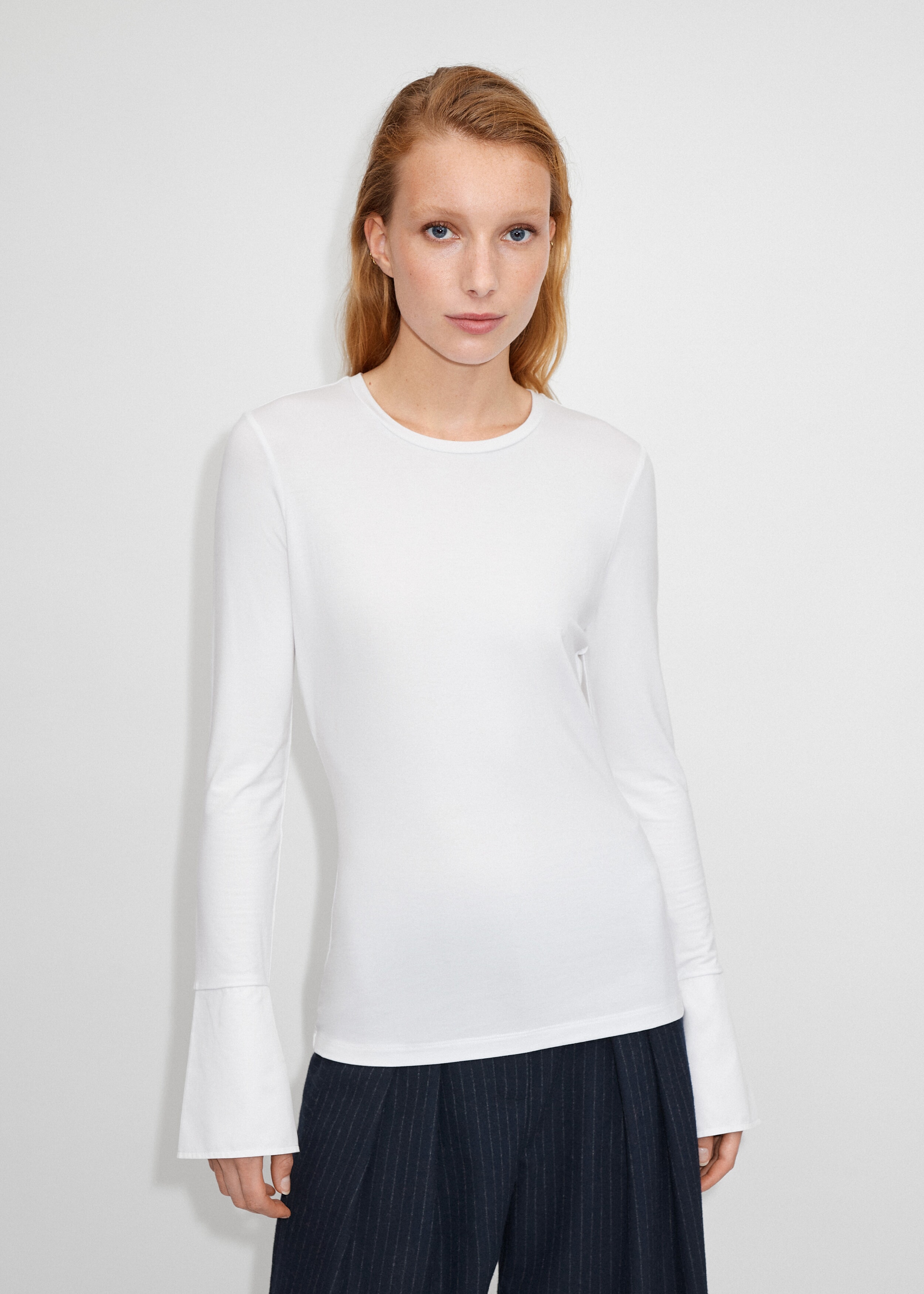 Feature Button Long Sleeve Crew Neck Layering Top Fresh White