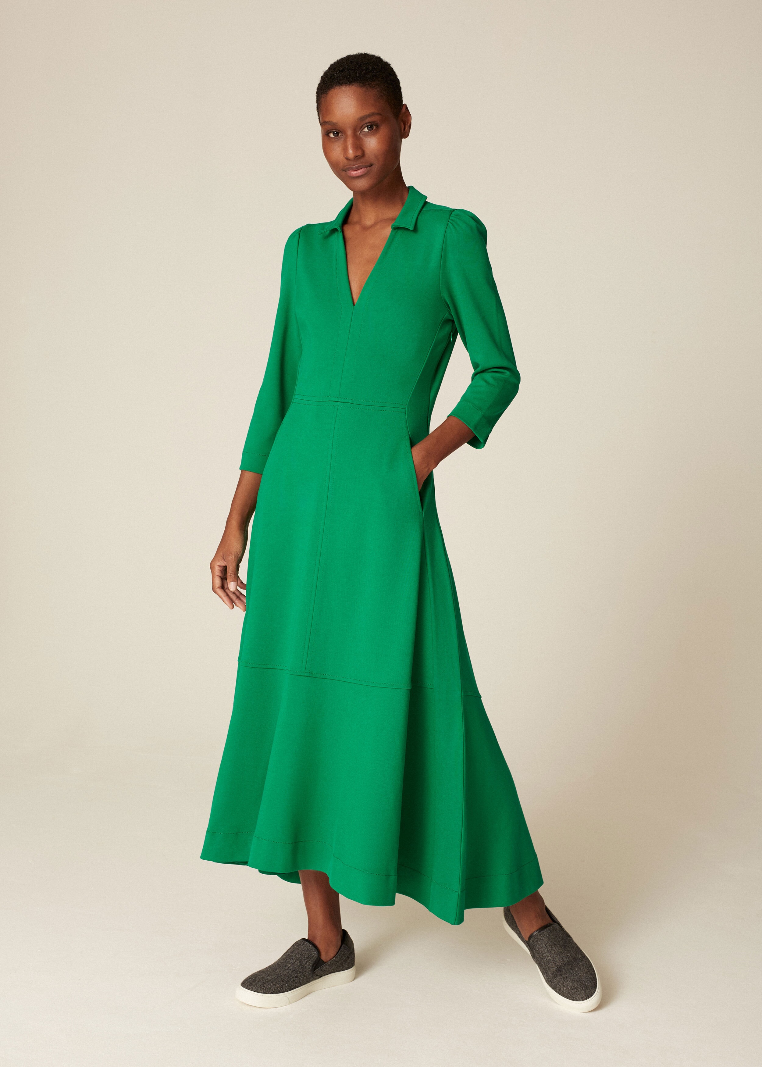 V Neck Fit + Flare Ponte Dress + Belt Vibrant Green