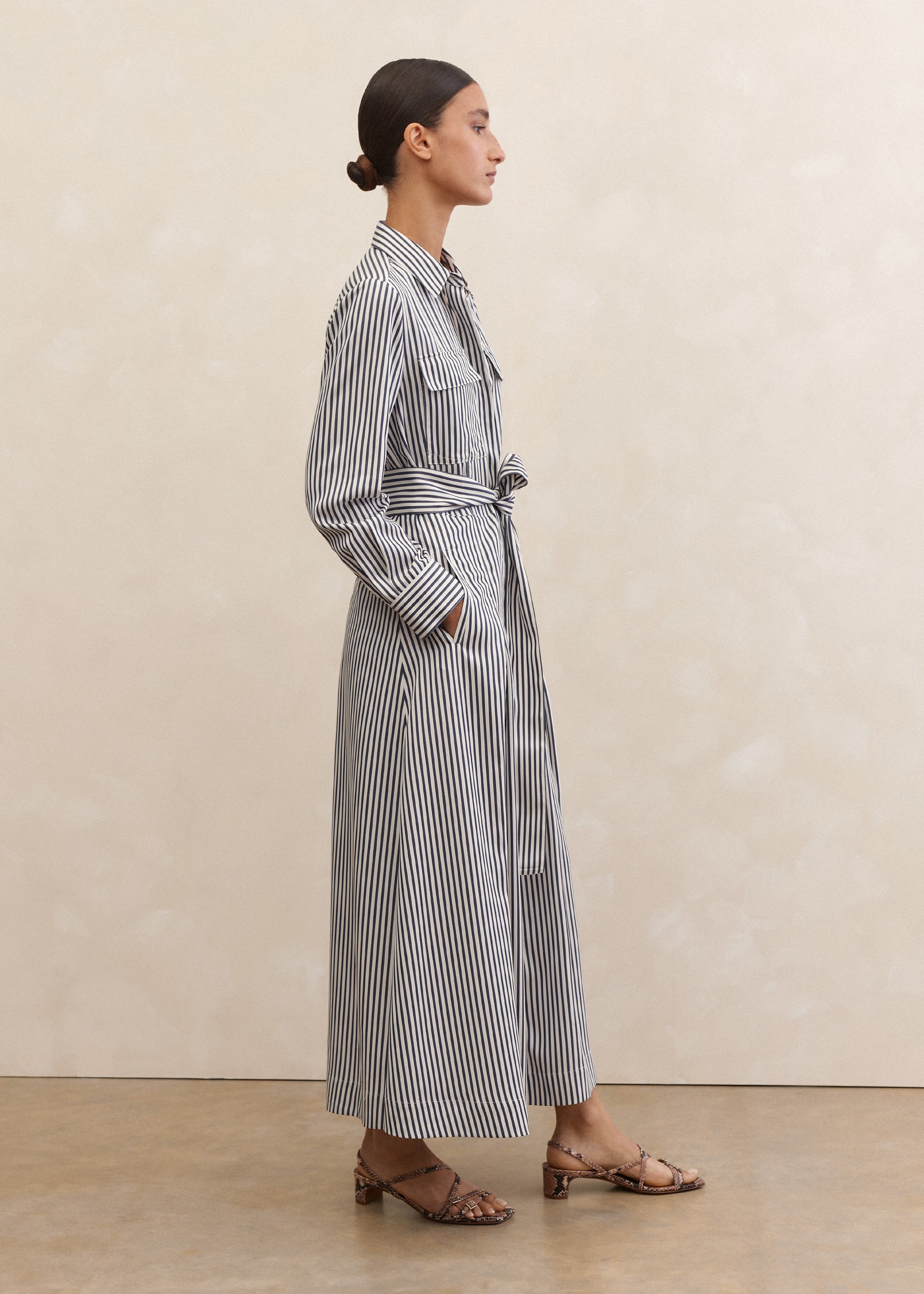 Fluid Stripe Maxi Shirt Dress + Belt Navy/Soft White