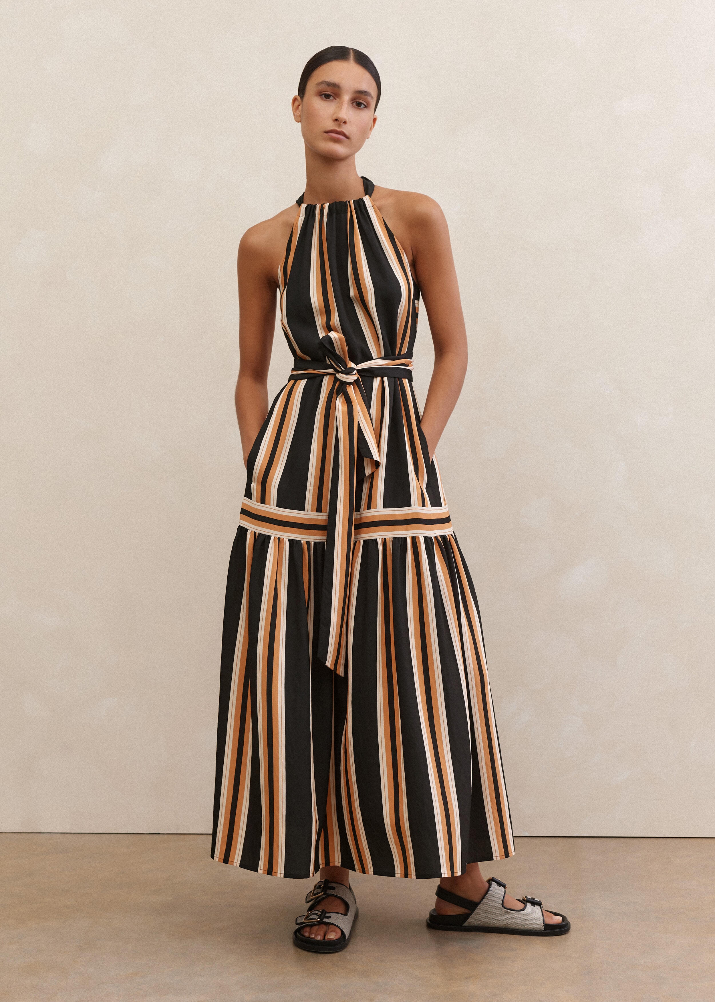 Striped Halterneck Maxi Dress + Belt Black/Cream/Tan