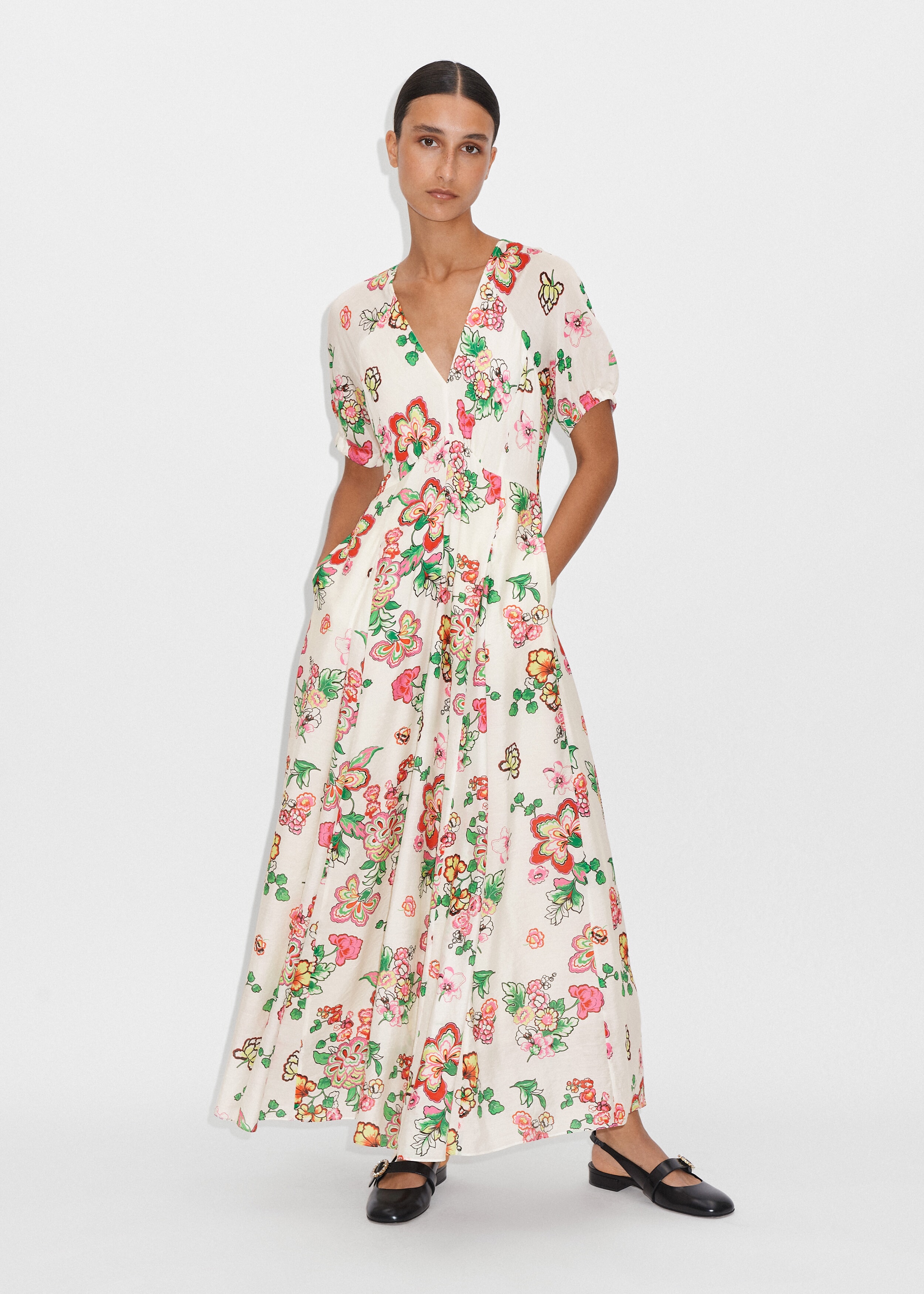 Bright Camellia Print Maxi Dress Light Cream/Black/Pink/Green/Lime