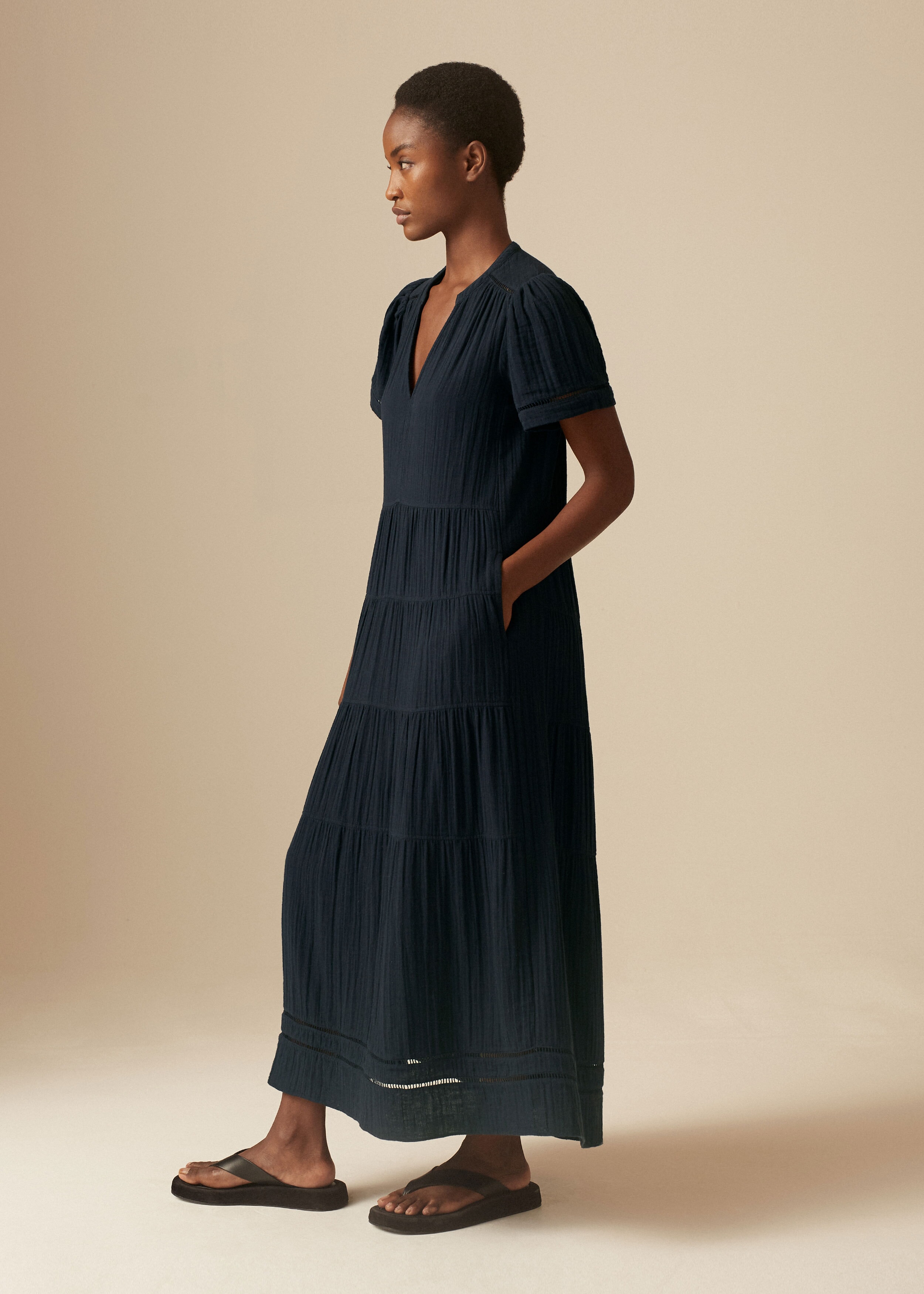 Cheesecloth Flared Sleeve Maxi Dress Navy