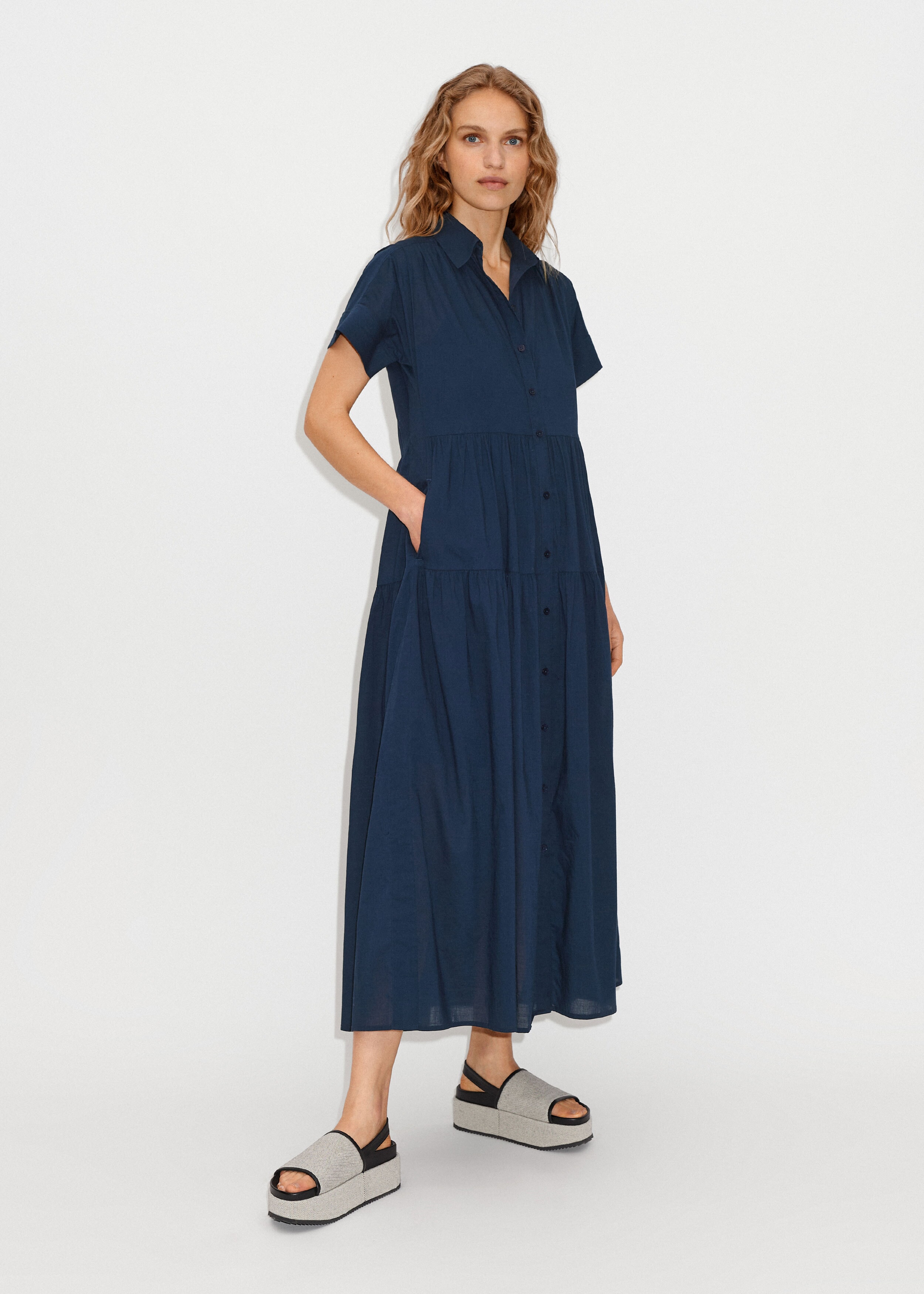 Cotton Voile Belted Maxi Shirt Dress + Slip Navy