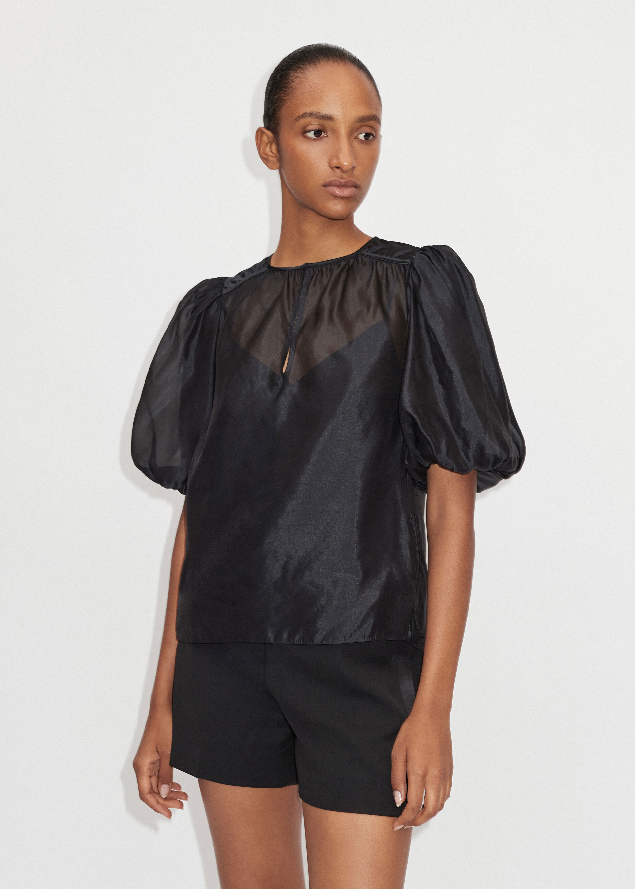 Sheer Puff Sleeve Silk Organza Top + Cami Black