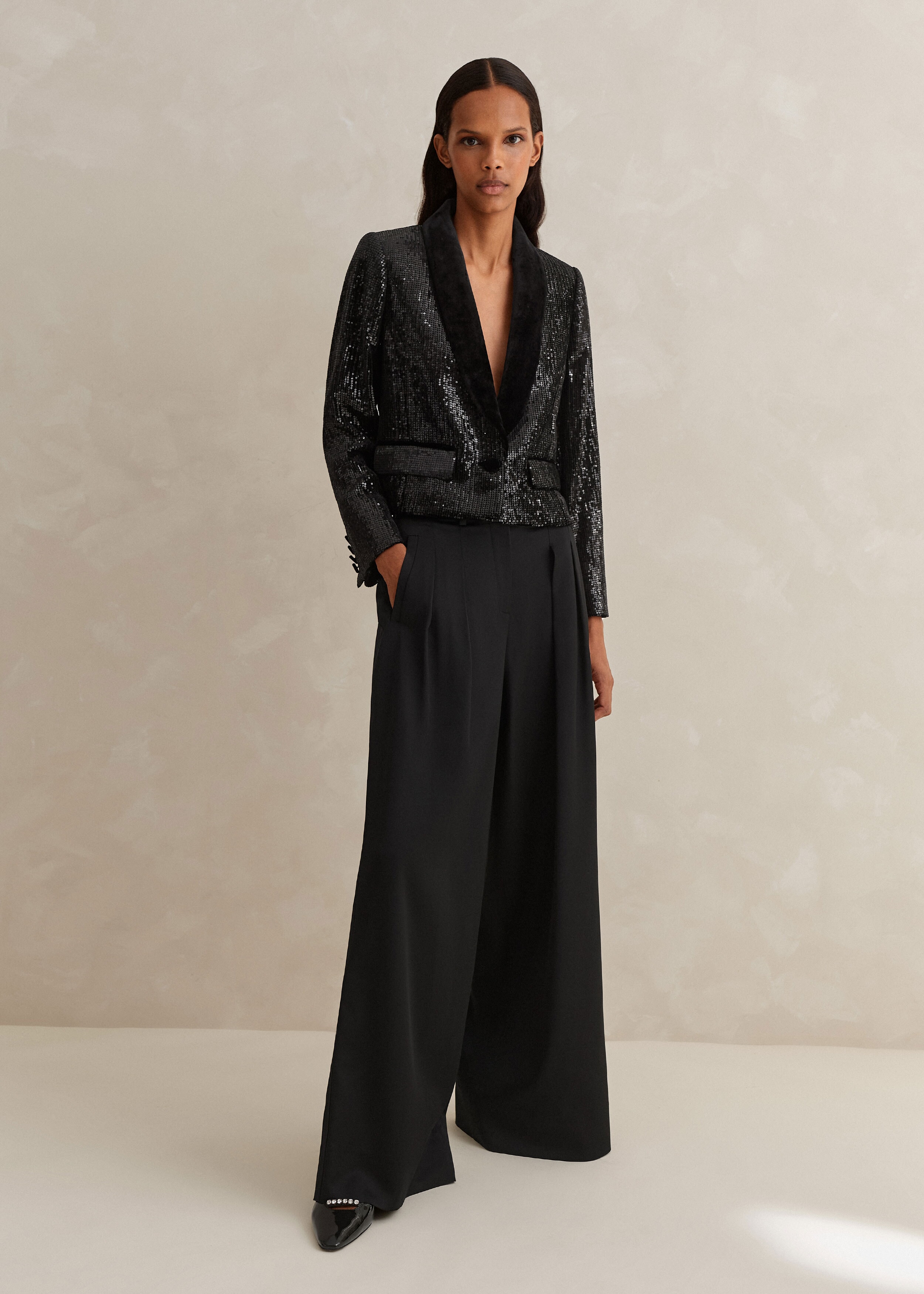 Silk-Blend Velvet Sequin Crop Tux Blazer Black