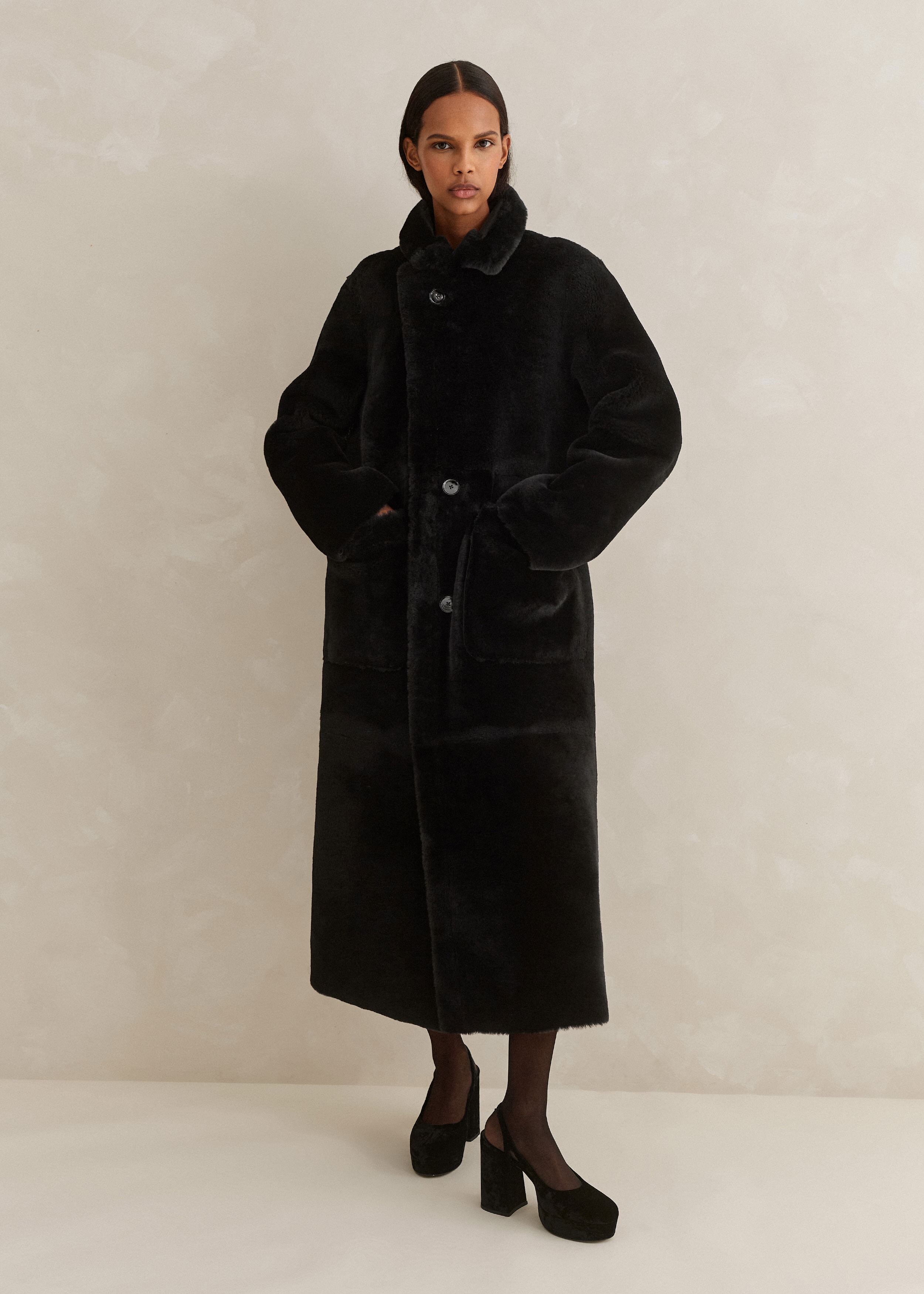 Reversible Shearling Longline Coat Black