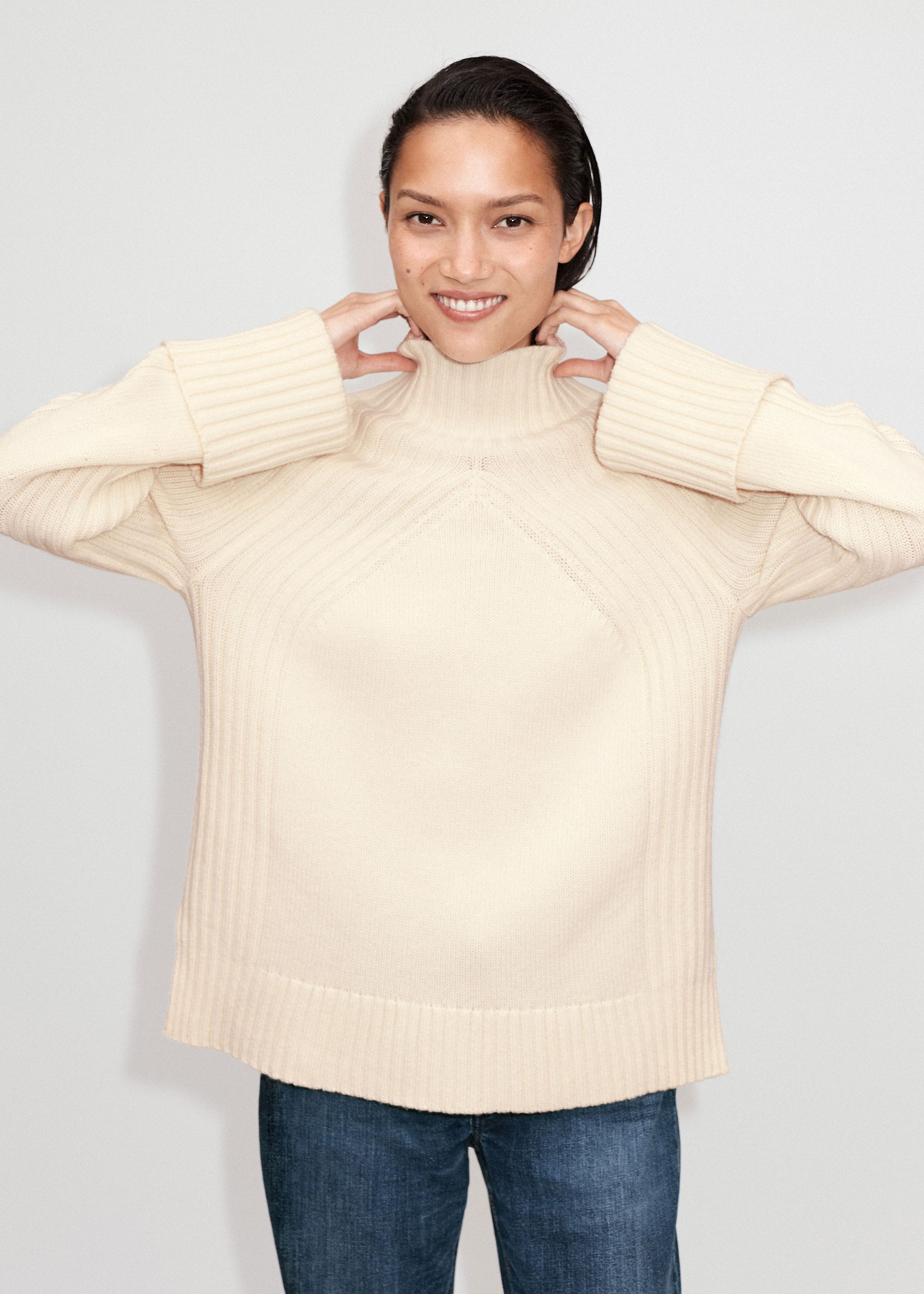 Merino Cashmere Statement Rib Cuff Sweater Cream