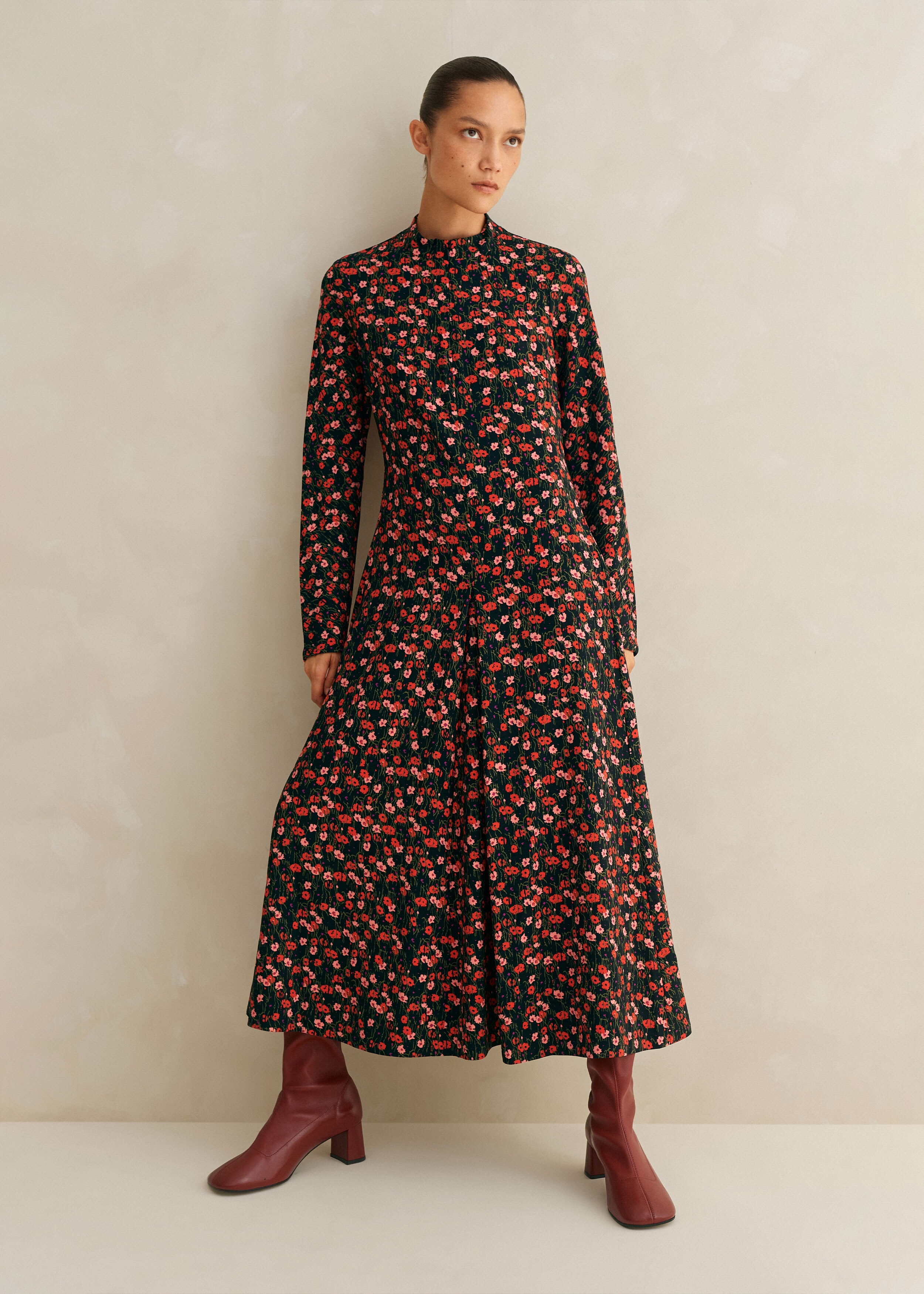Flower Meadow Print Midi Dress + Belt Black/Red/Blush