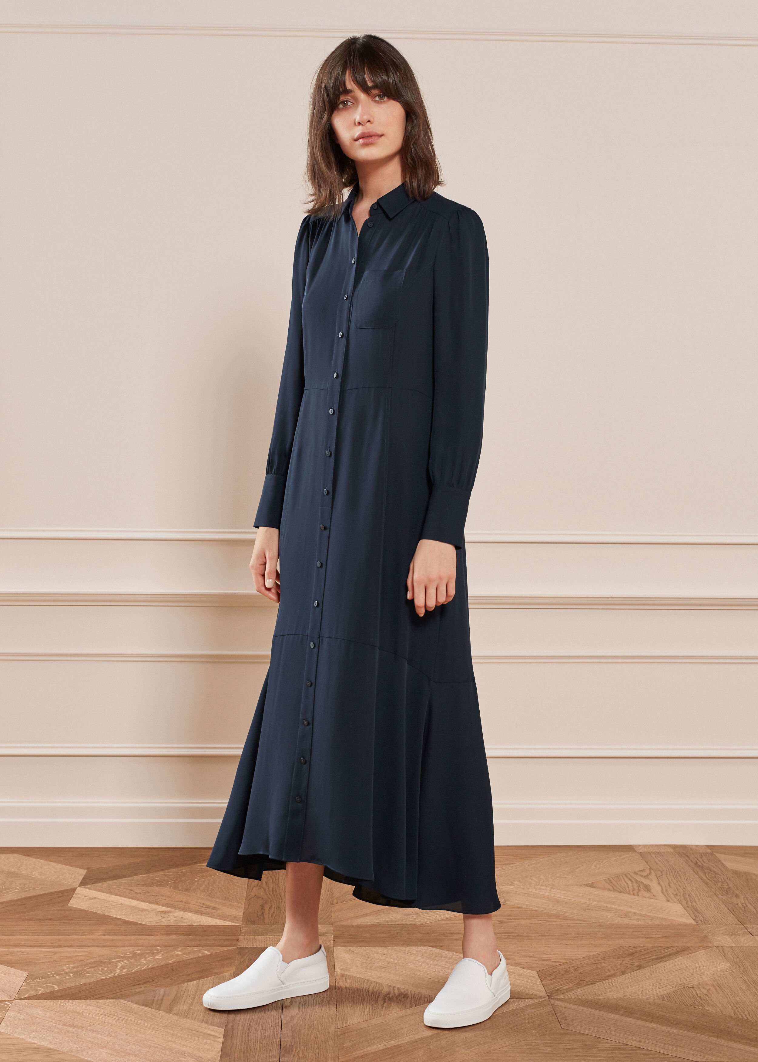 Forever Silk Shirt Dress Navy