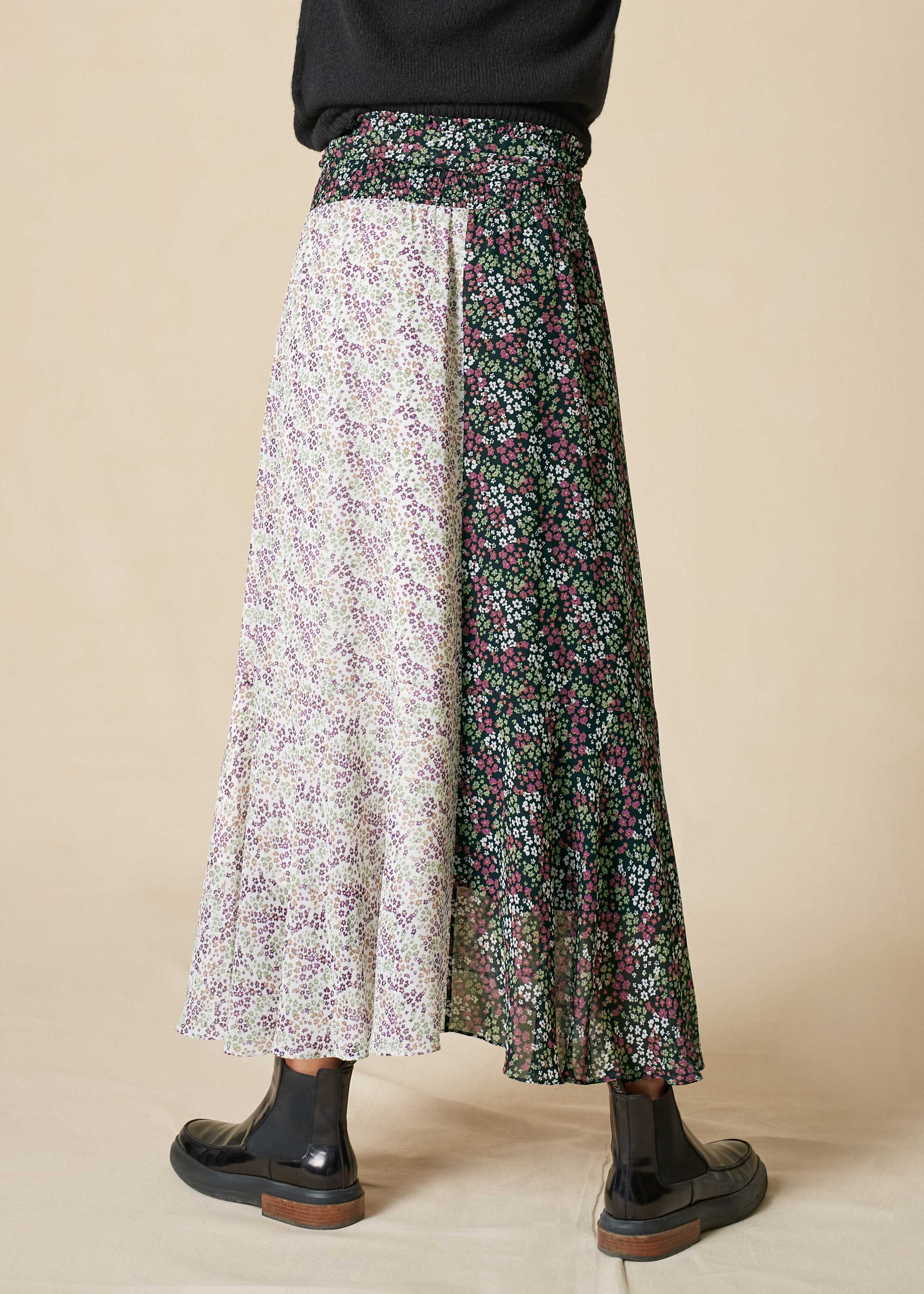 Shirred Waist Ditsy Floral Skirt + Belt Cream/Purple