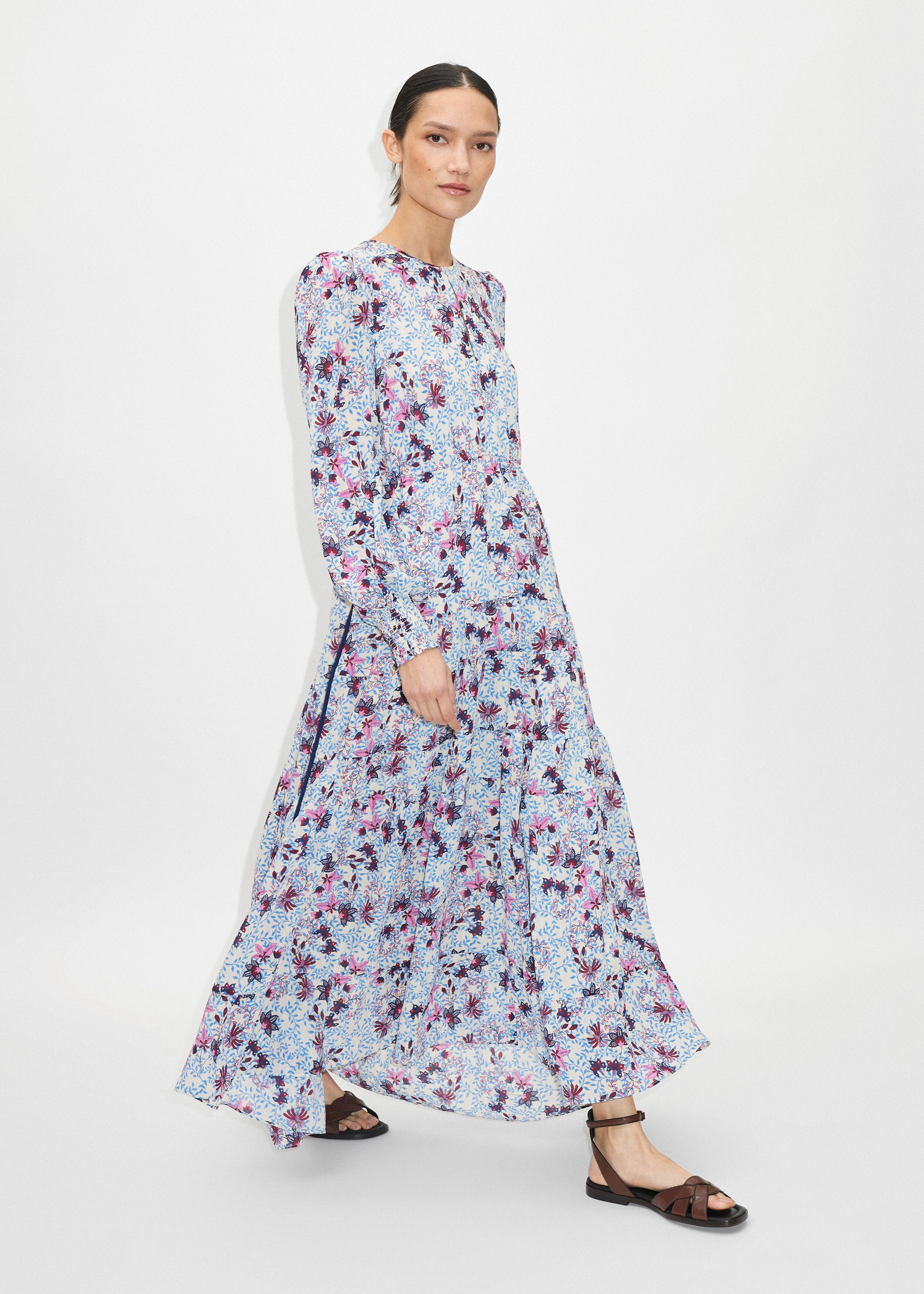 Wild Meadow Print Tiered Maxi Dress + Belt Cream/Blue/Pink