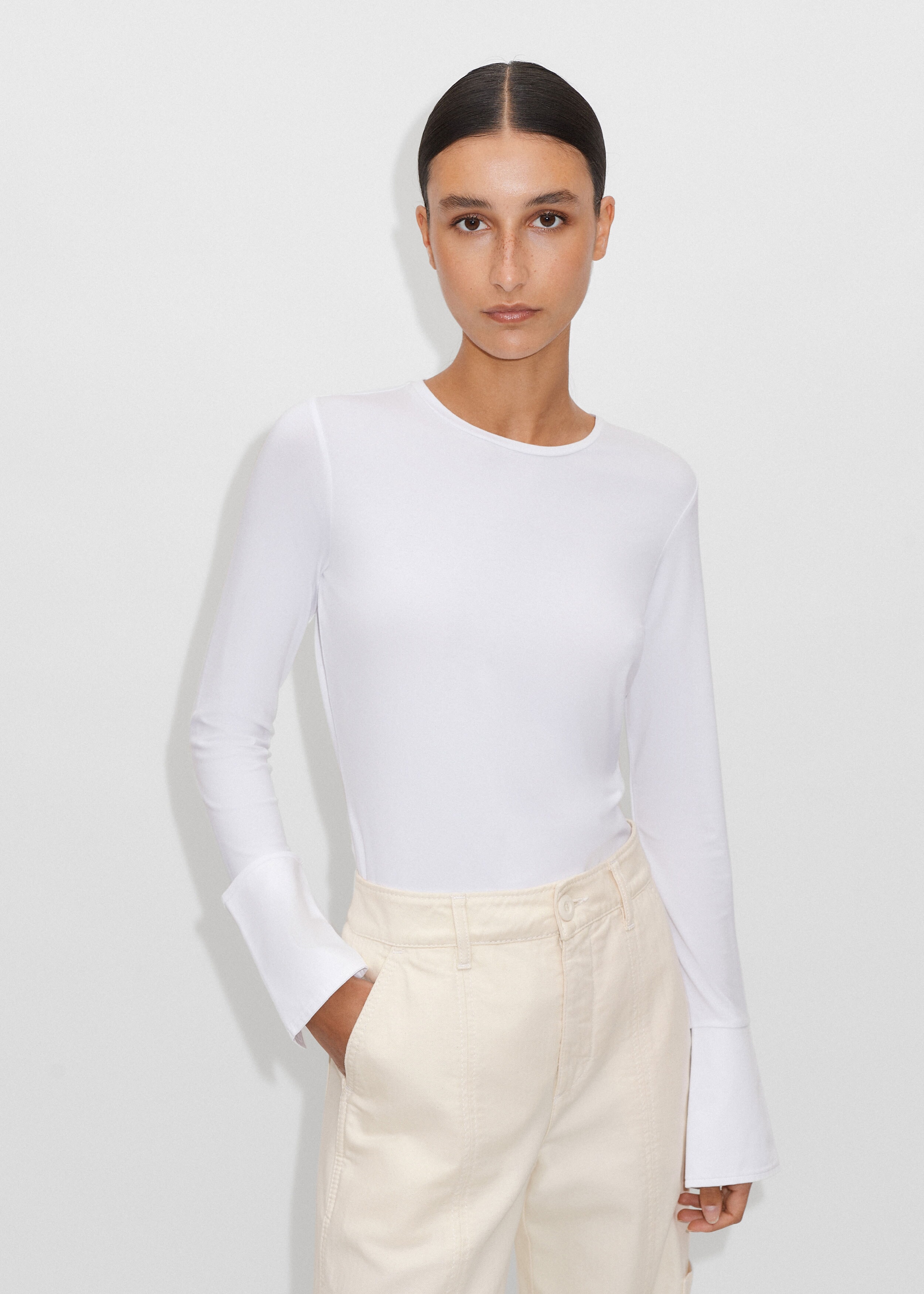 Feature Button Long Sleeve Crew Neck Layering Top Fresh White