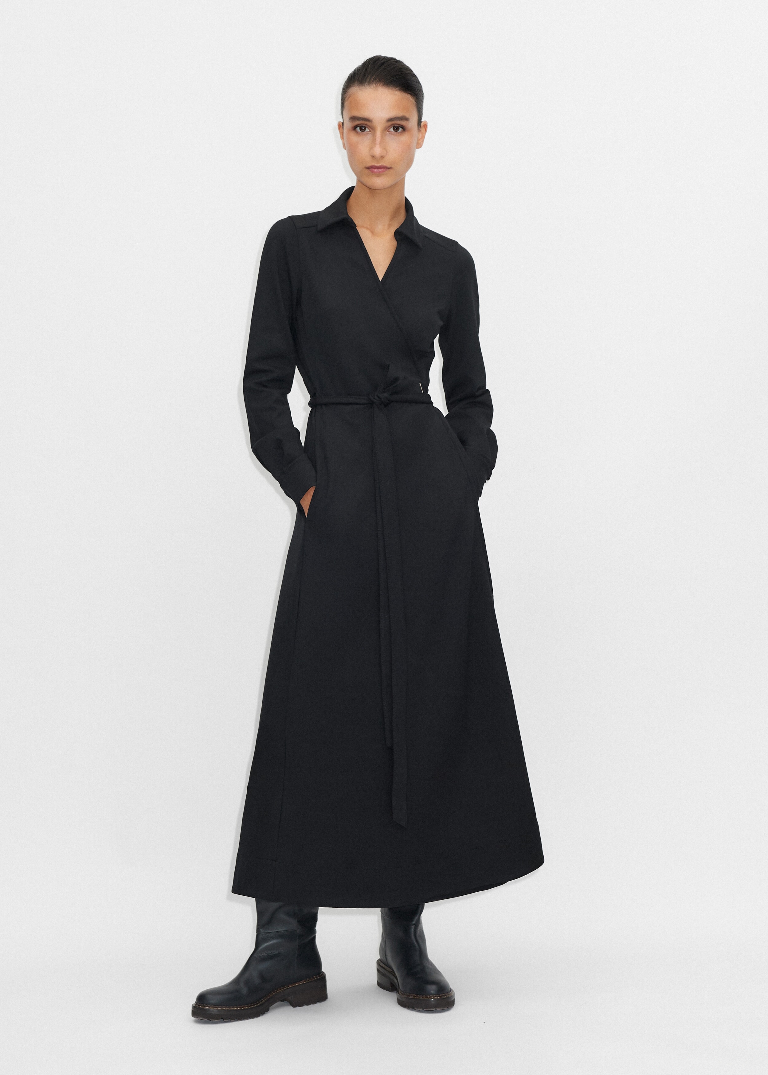 Ponte Eyelet Long Sleeve Wrap Maxi Dress + Belt Black