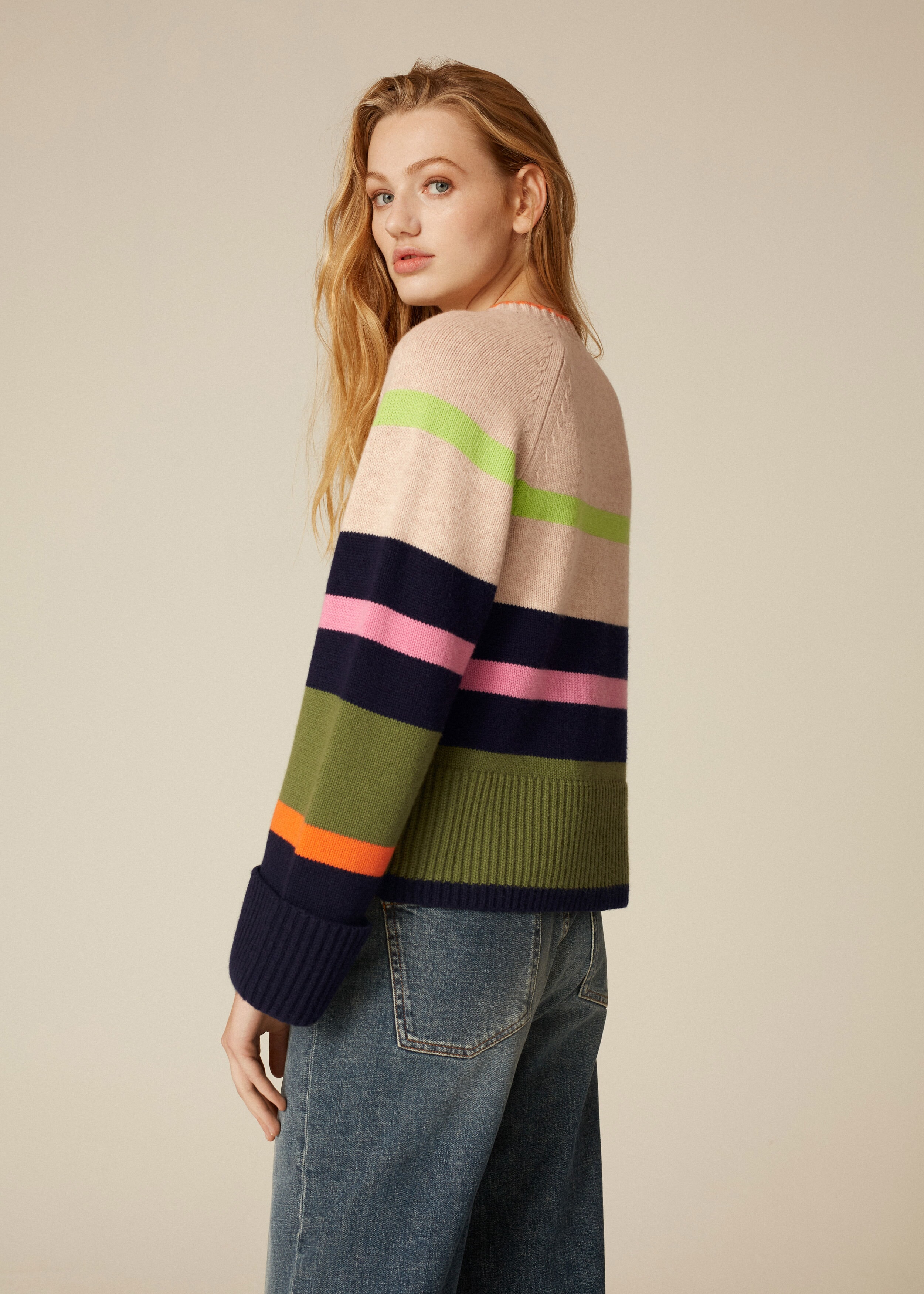 Merino Cashmere Multi-Coloured Stripe Sweater Oatmeal Multi