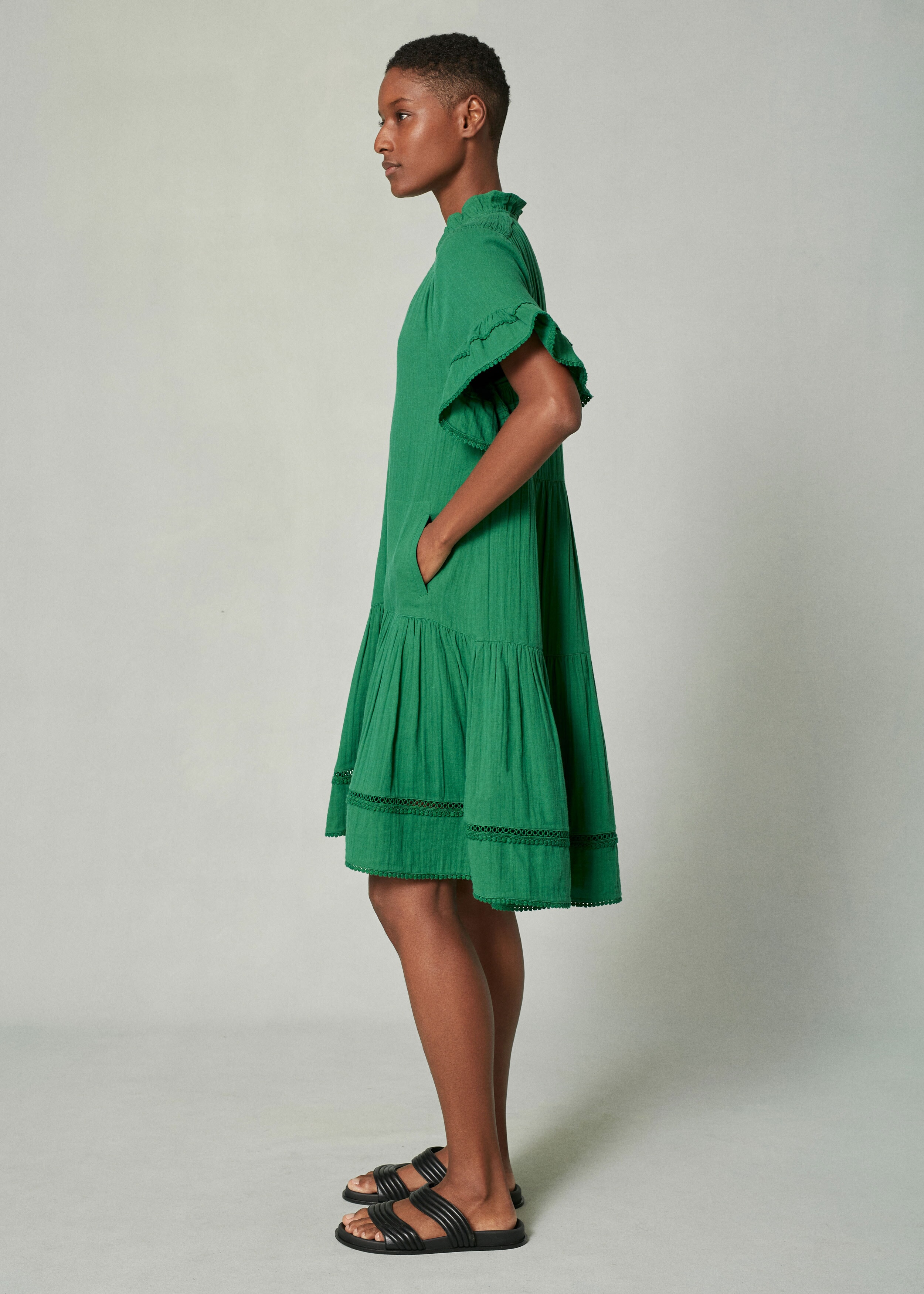 Cheesecloth Shirring Detail Swing Dress Orchid Green