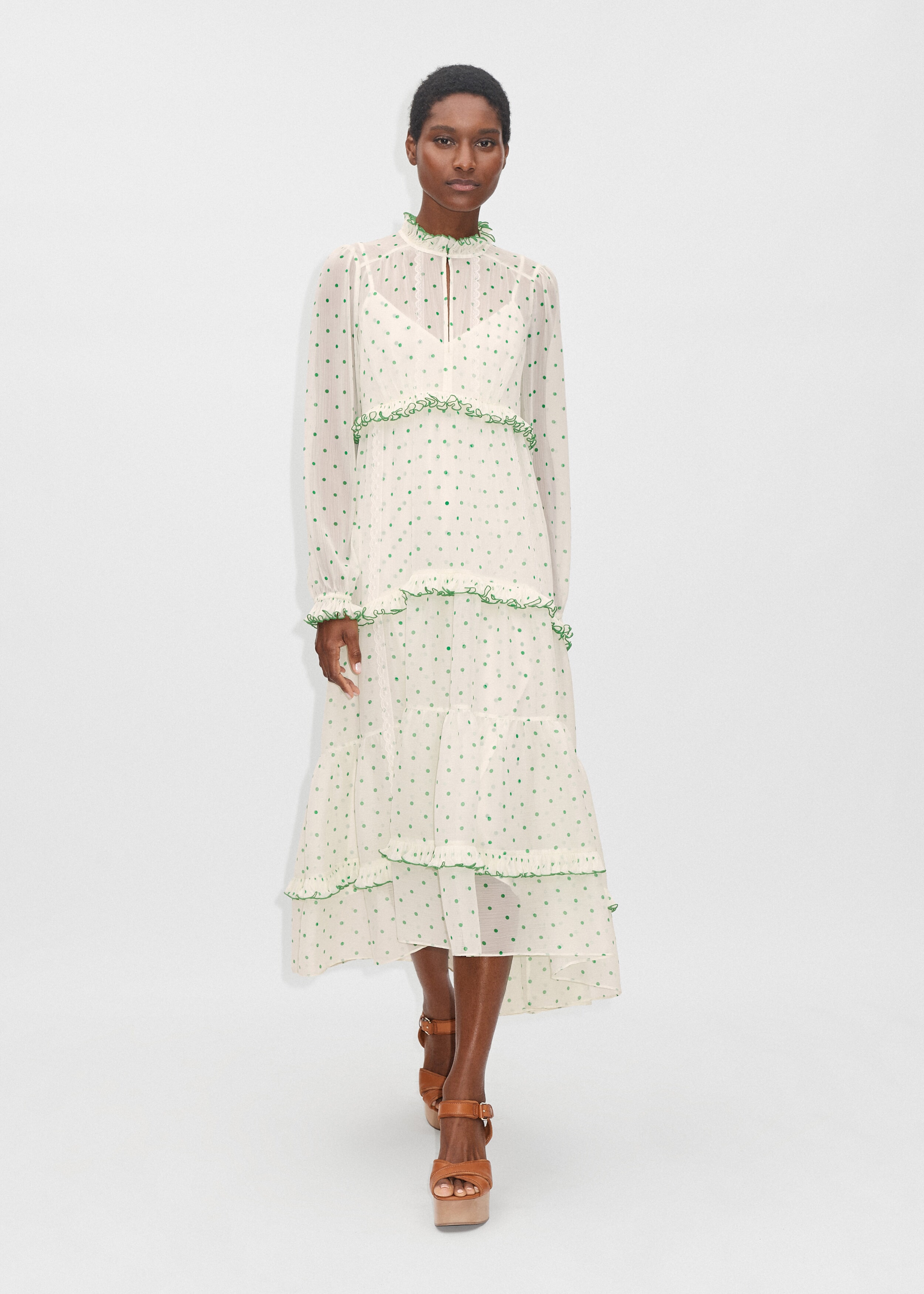 Polka Dot Ruffle Midi Dress + Slip Clover Leaf/Cream