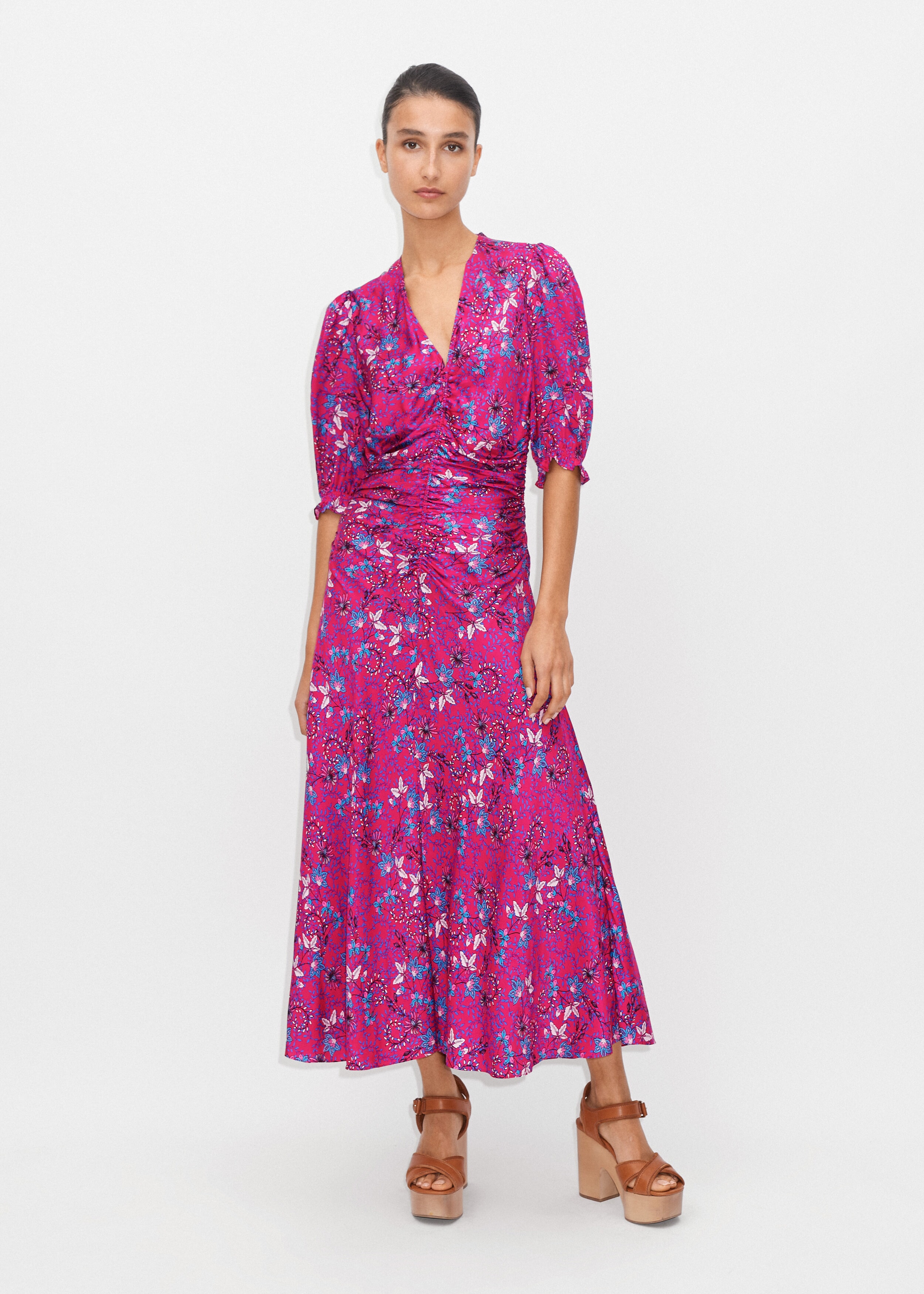 Wild Meadow Print Ruched Midi Dress Bright Rose/Black/Aqua