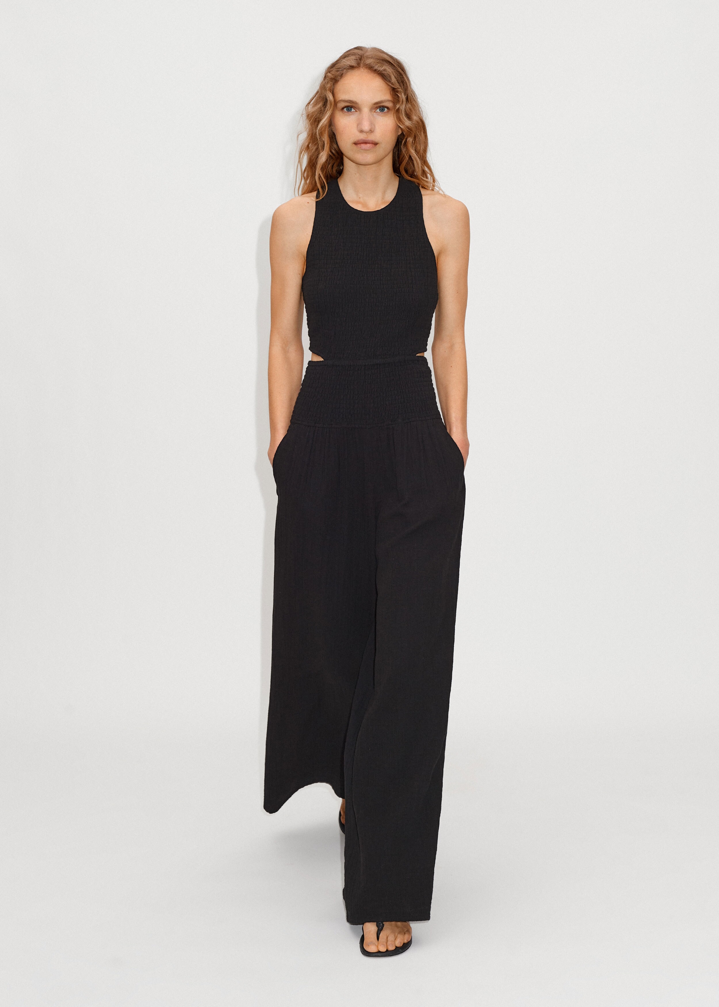 Cheesecloth Shirred Tie Back Jumpsuit Black