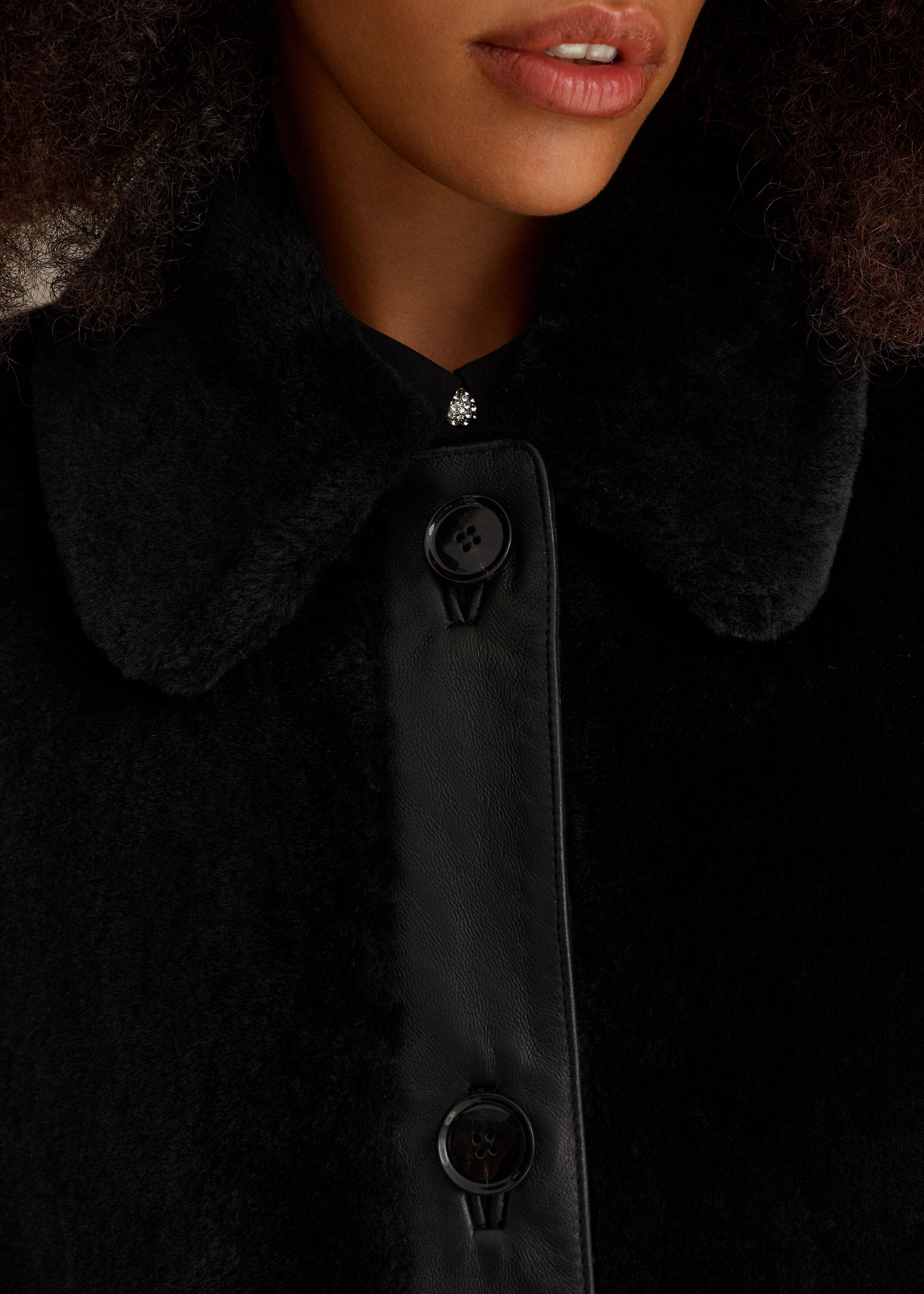 ME+EM Luxe Shearling Leather Mix Swing Coat in Black