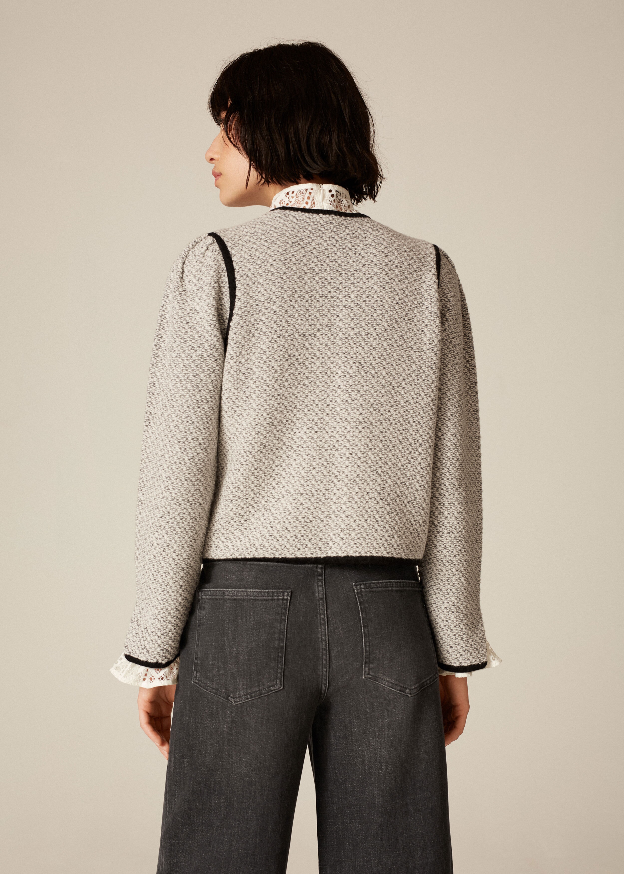 Pearl Button Tweed Knit Jacket Grey/Cream
