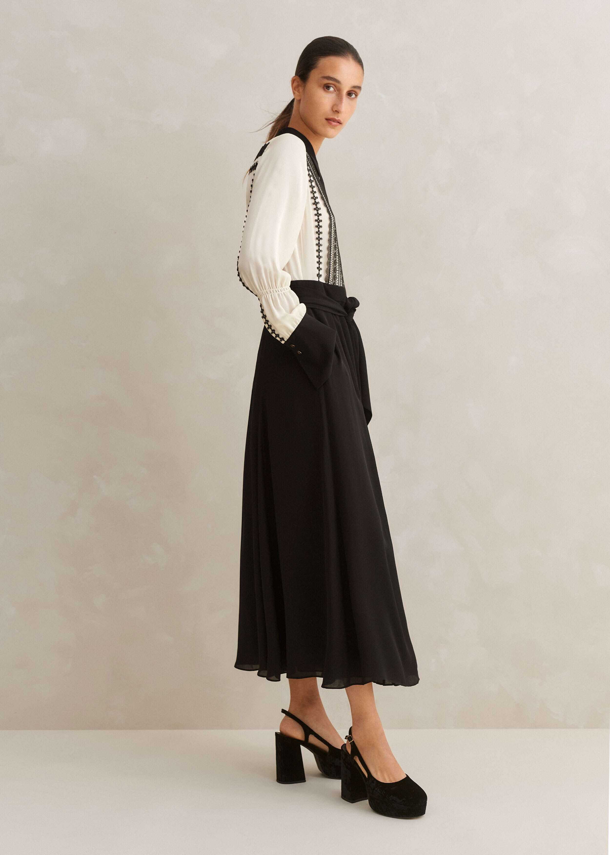 Shirt Lace Belt Silk Maxi Cream/Black Dress Georgette +