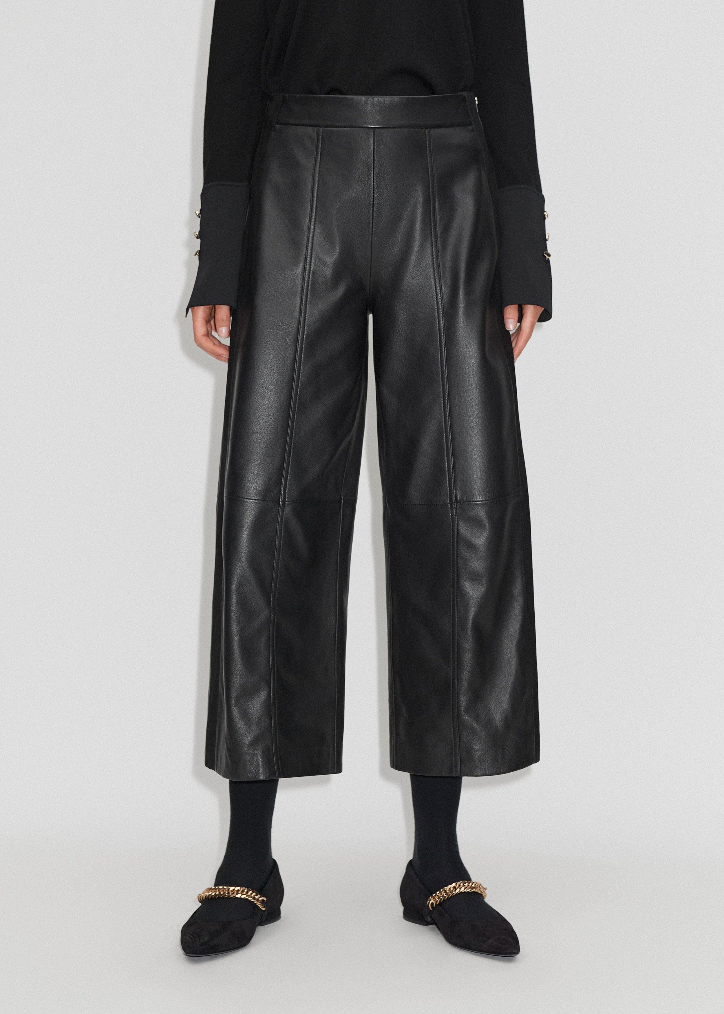 Leather Wide-Leg Crop Trouser Black