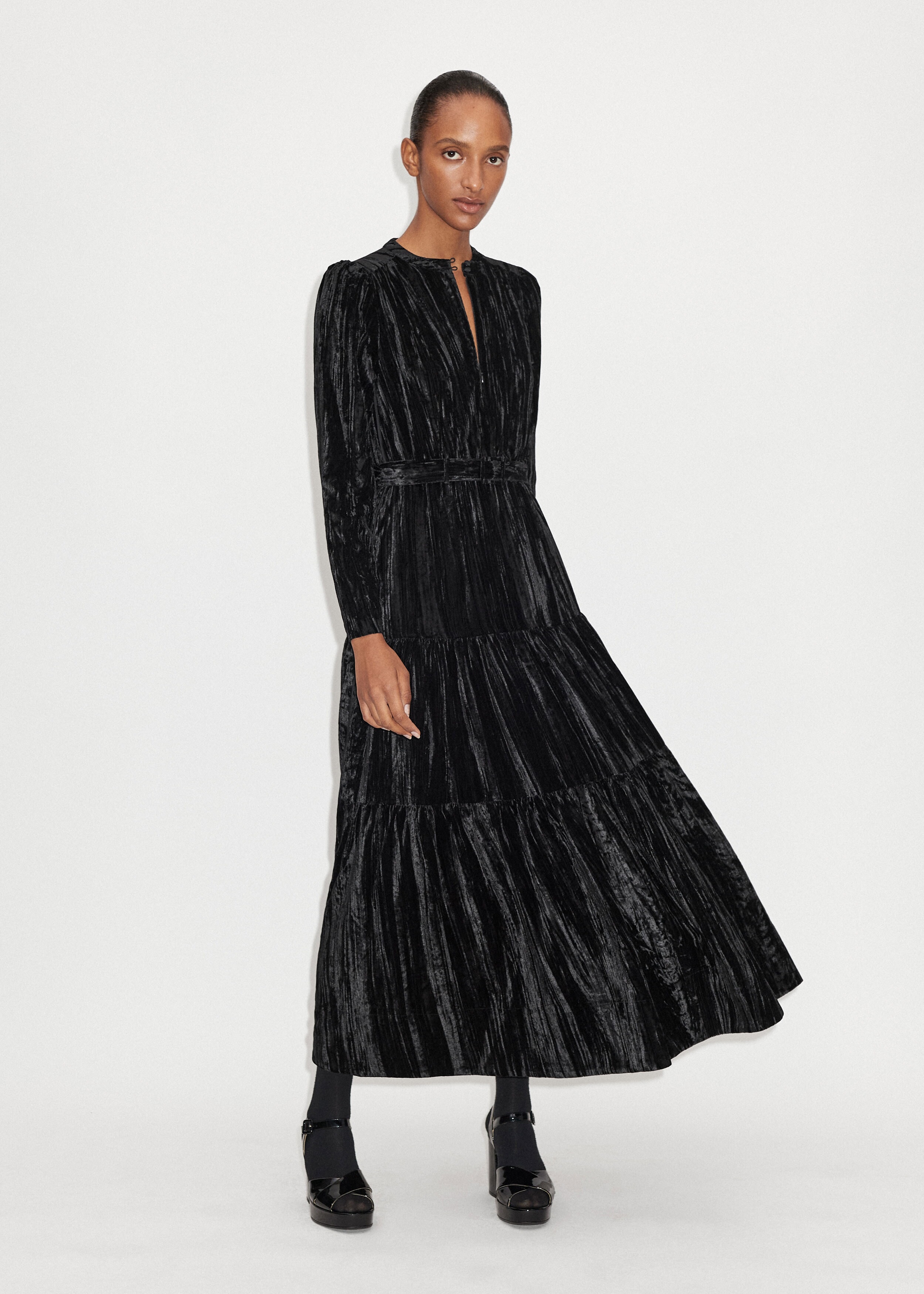 Crushed Velvet Tiered Maxi Dress + Belt Black