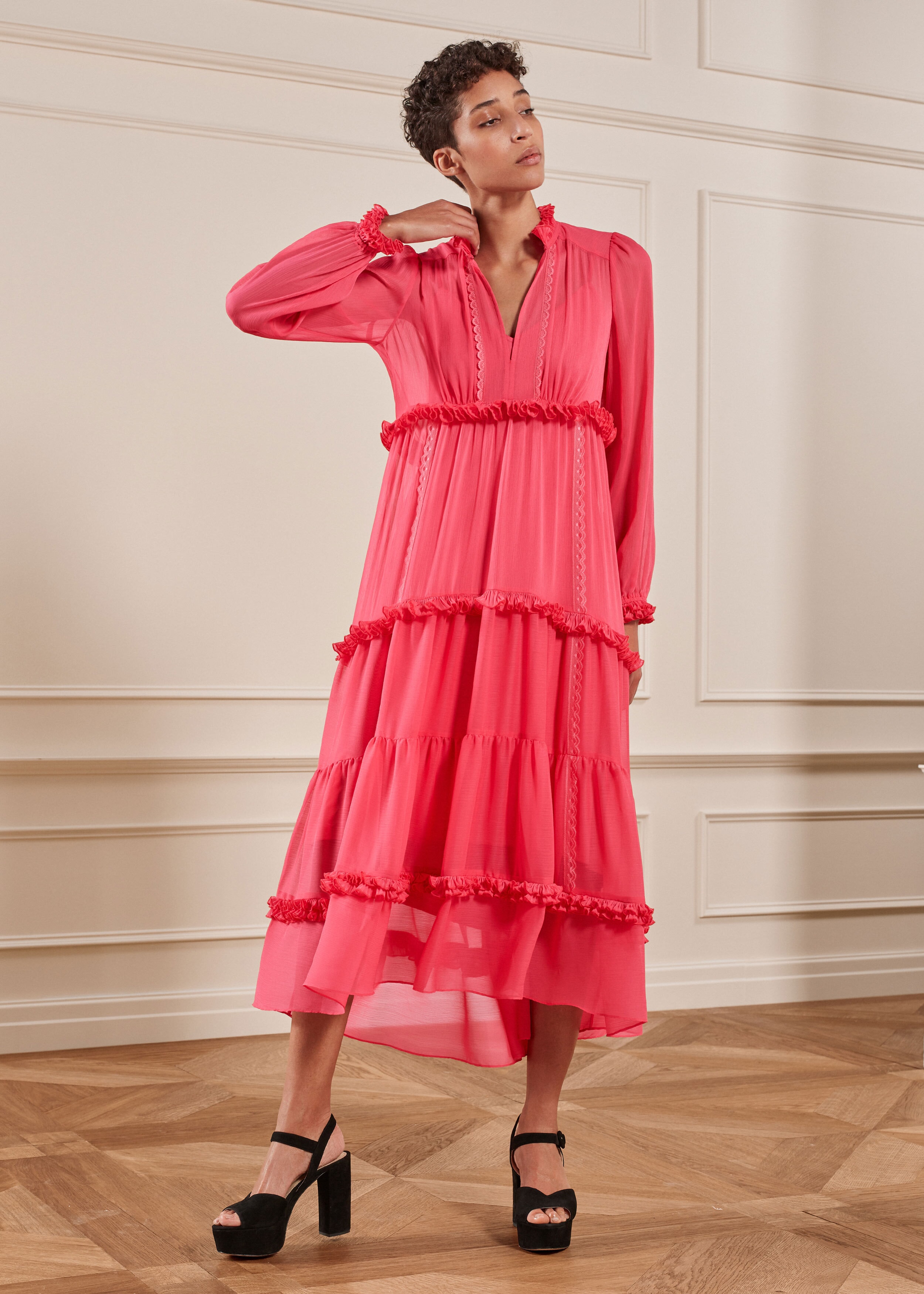 Statement Crinkle Georgette Midi Dress Peony Pink