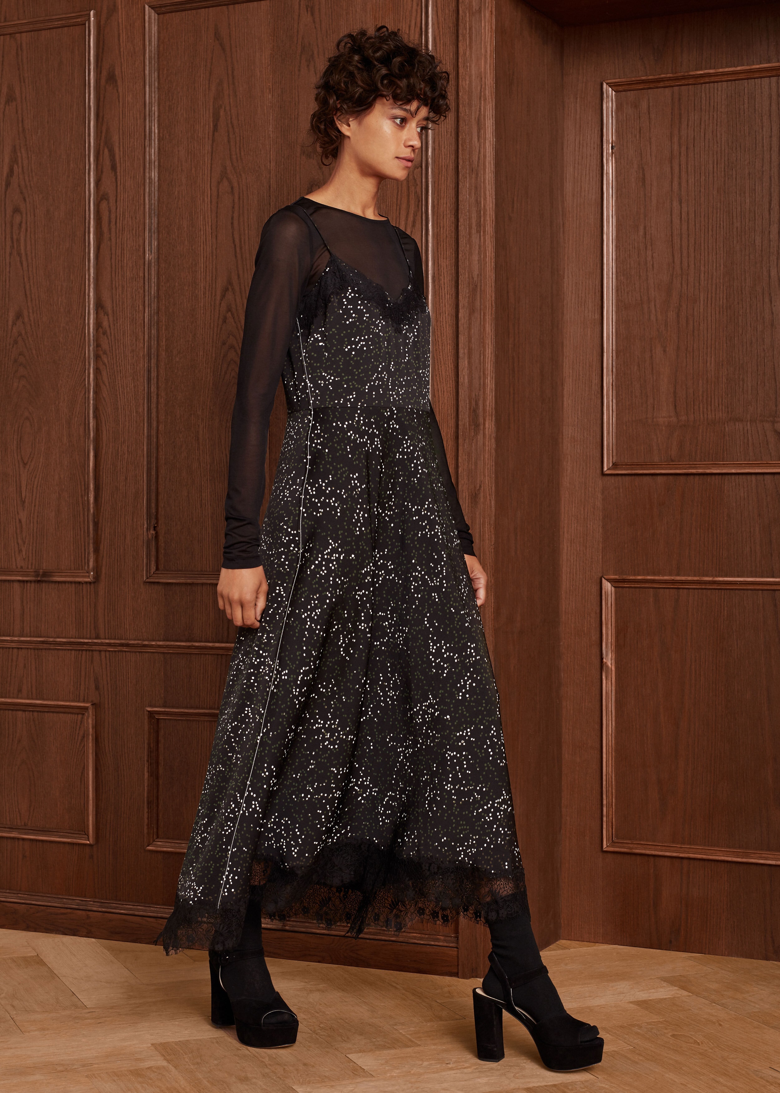 Satin + Lace Layering Slip Dress Black