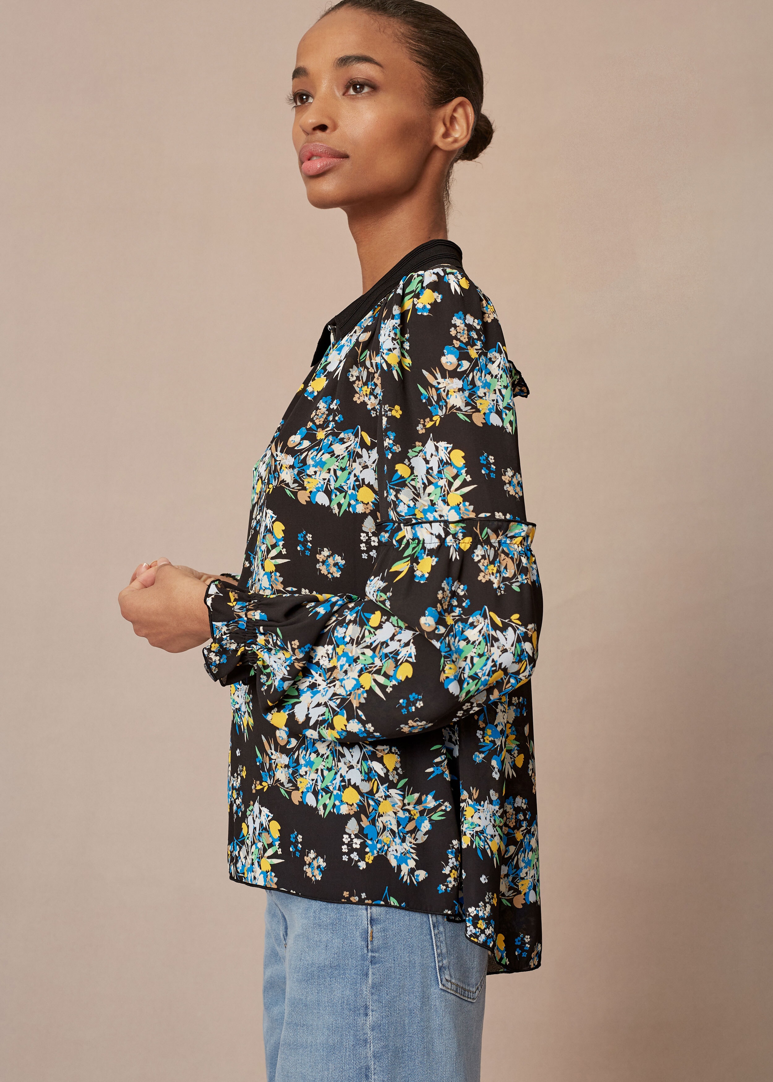 Storm Floral Print Swing Blouse Black/Yellow/Blue