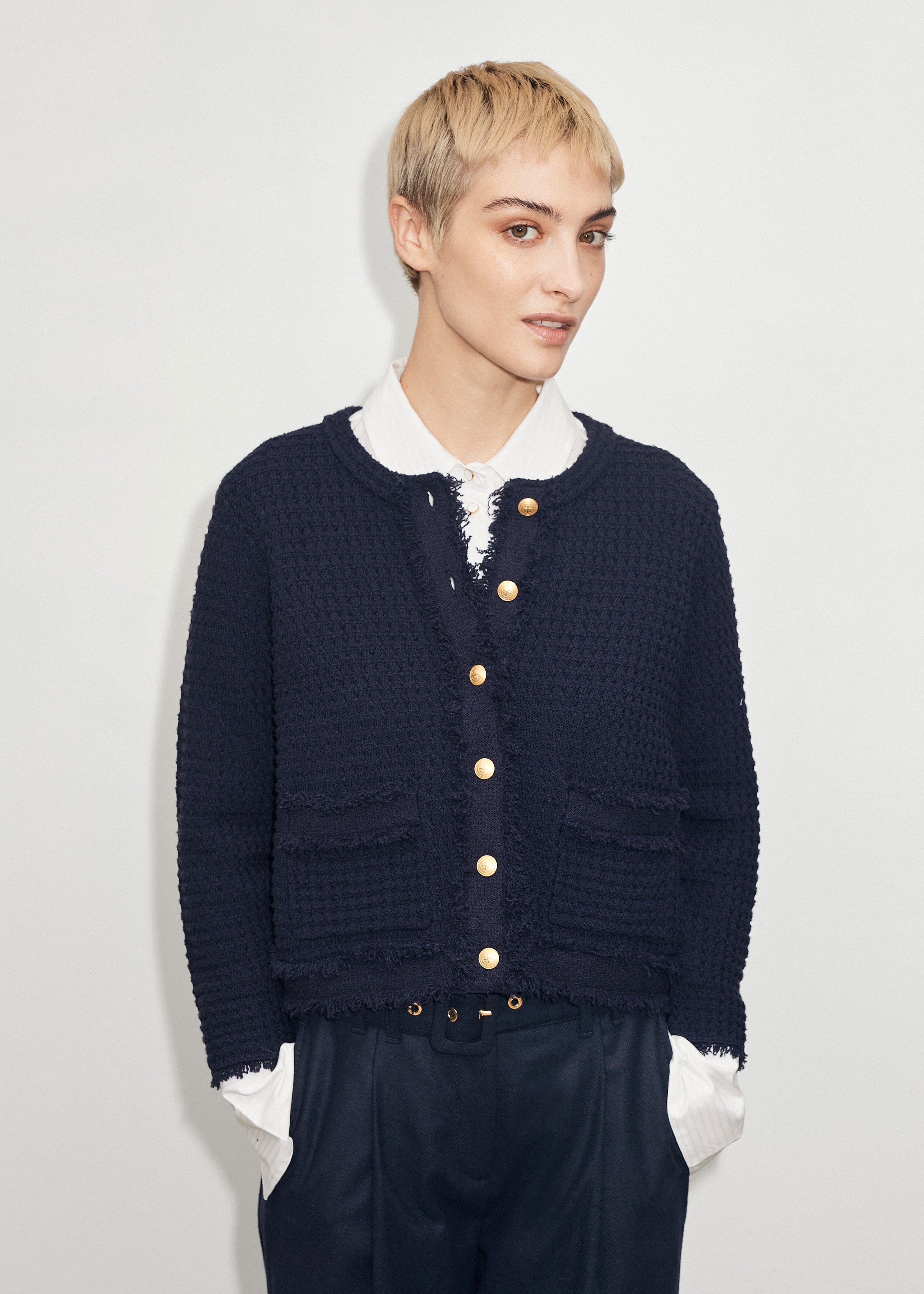 Cropped Bouclé Knit Jacket Navy