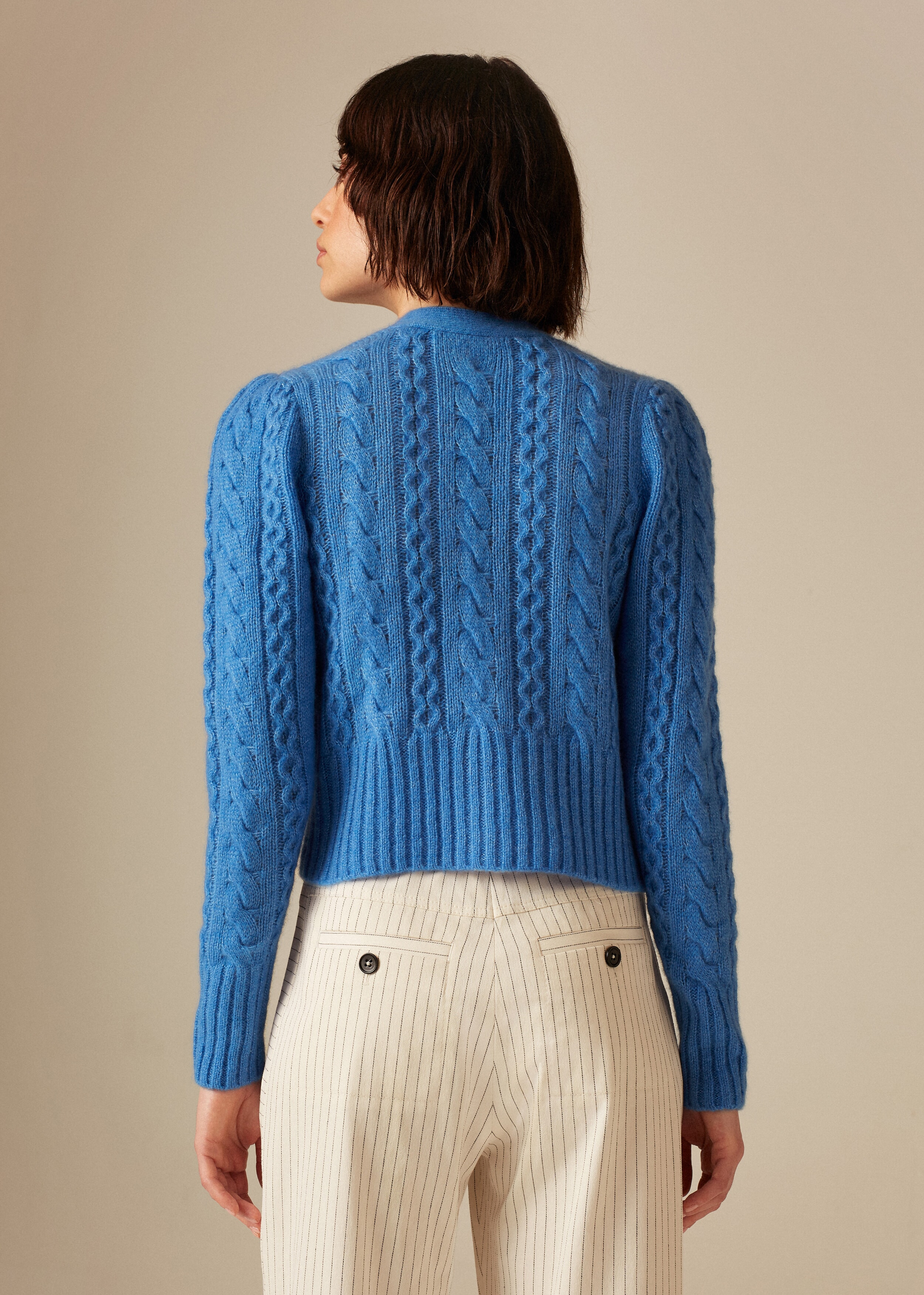 Cashmere Silk Cable Knit Crop Cardigan Intense Sky Blue