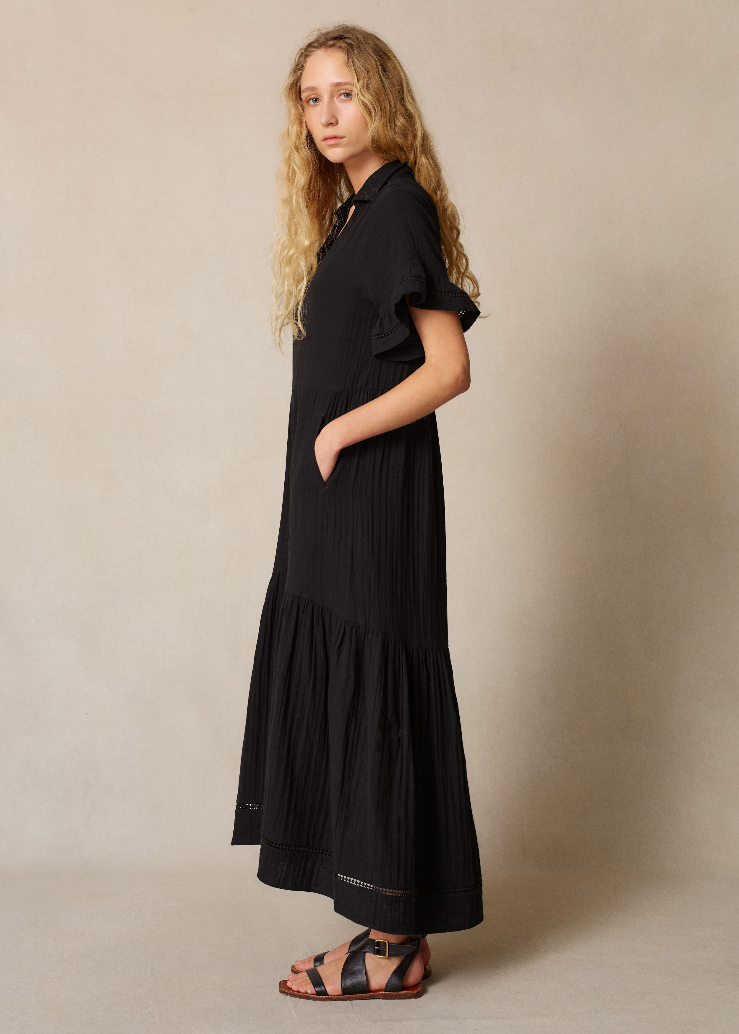 Cheesecloth Maxi Shirt Dress + Belt Black