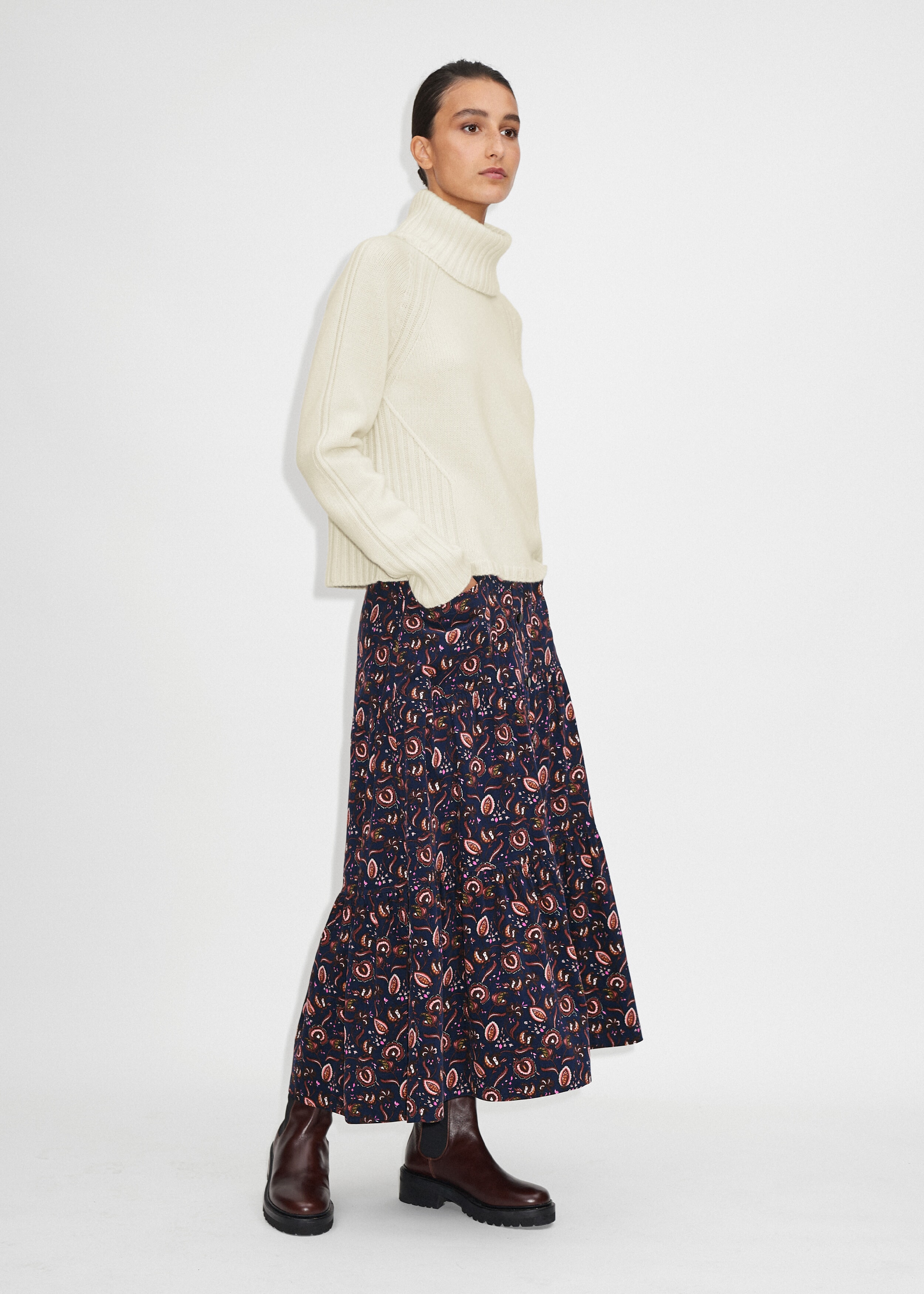 Cord Printed Tiered Skirt Indigo/Yellow/Brown