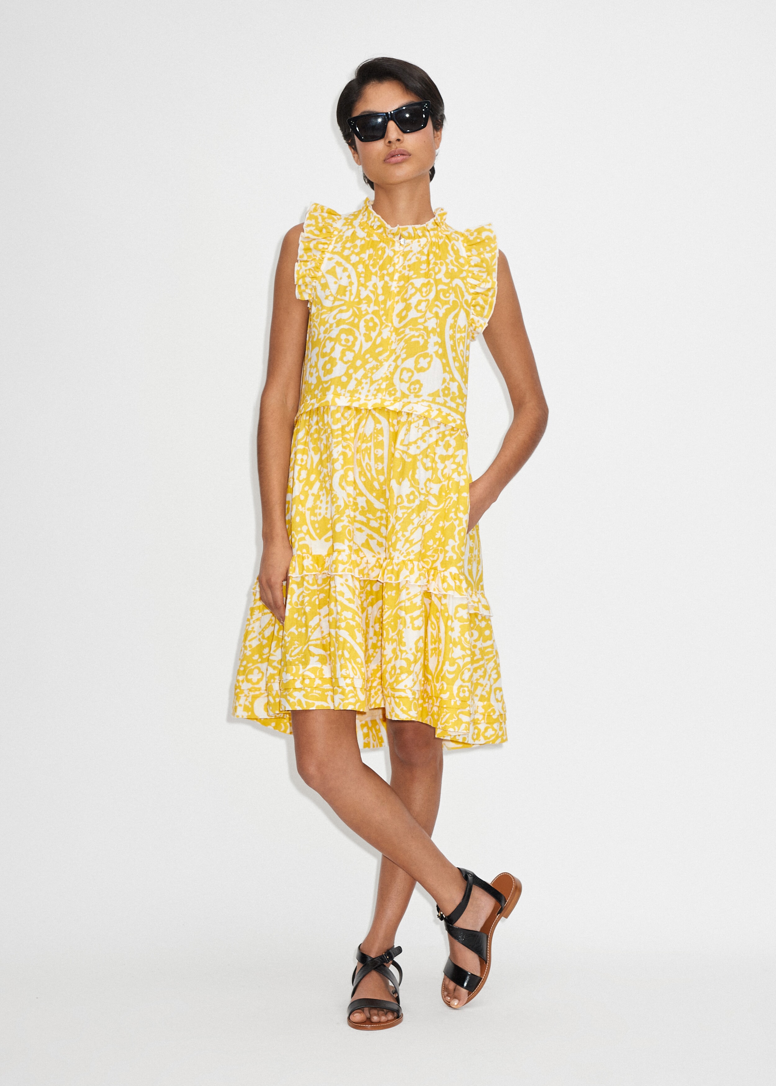 Bold Paisley Print Cheesecloth Frill Swing Dress Cream/Super Lemon