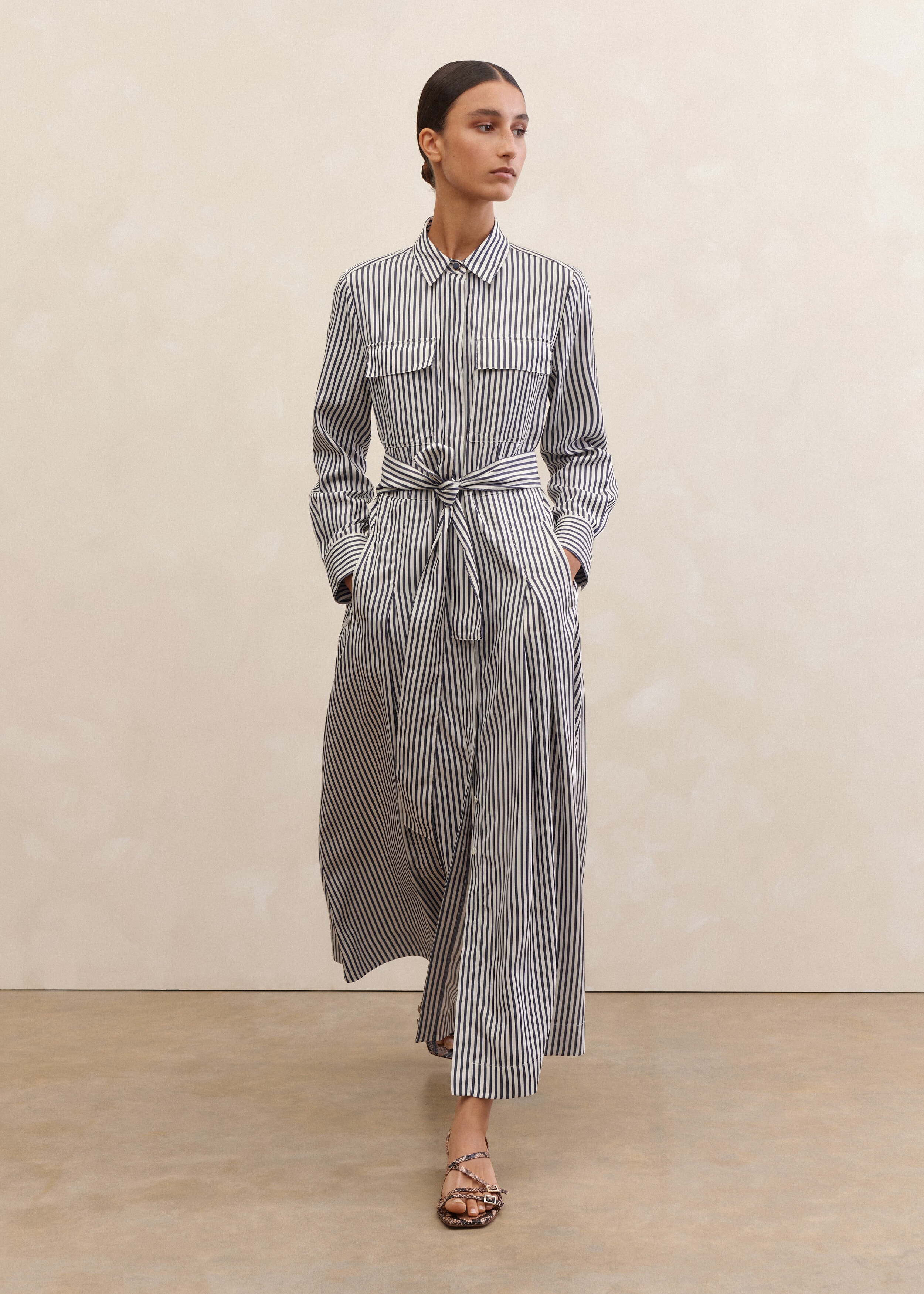 Fluid Stripe Maxi Shirt Dress + Belt Navy/Soft White