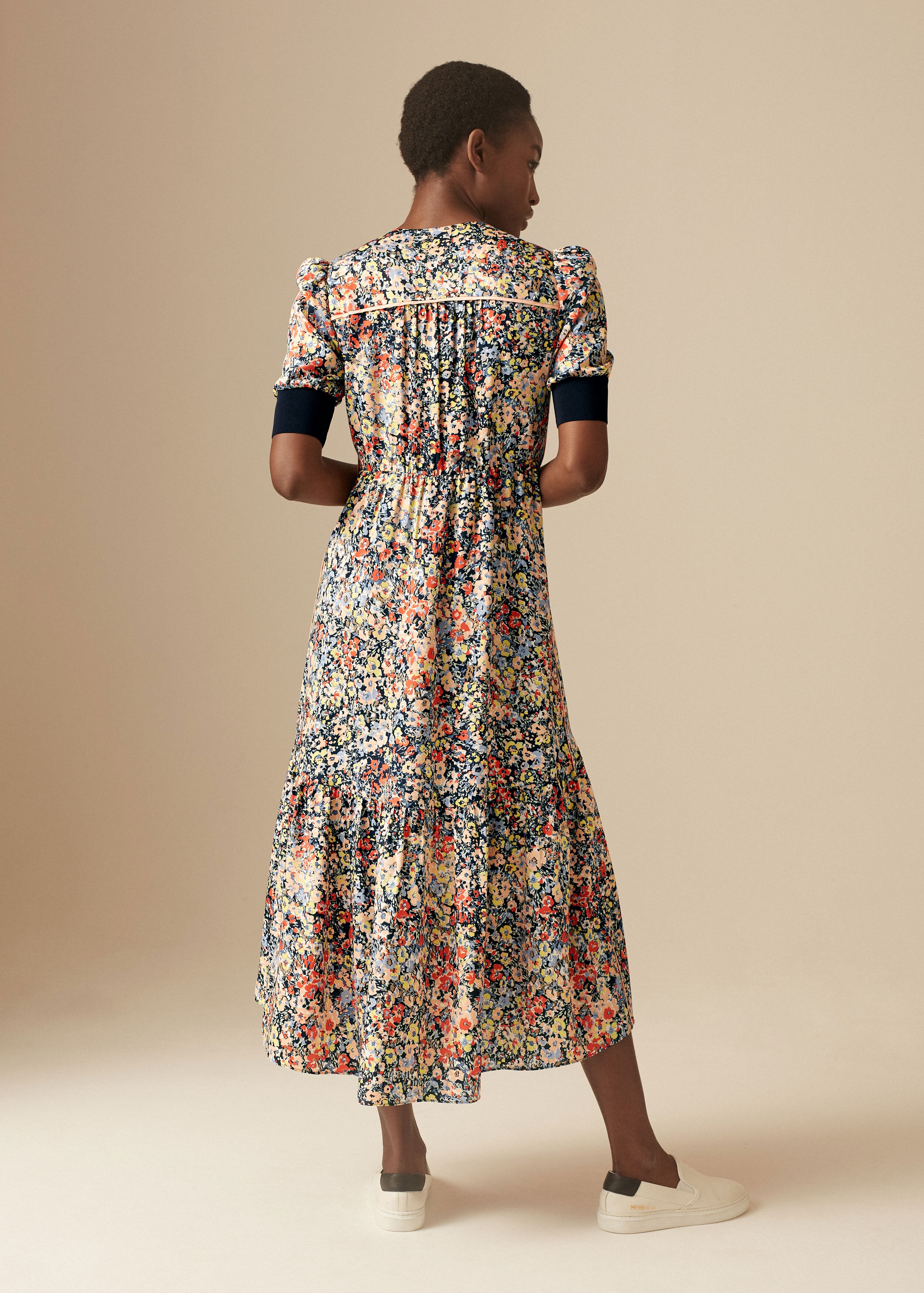 Hand-Painted Floral Midi Tea Dress + Belt Washed Peach/Yellow/Burnt ...