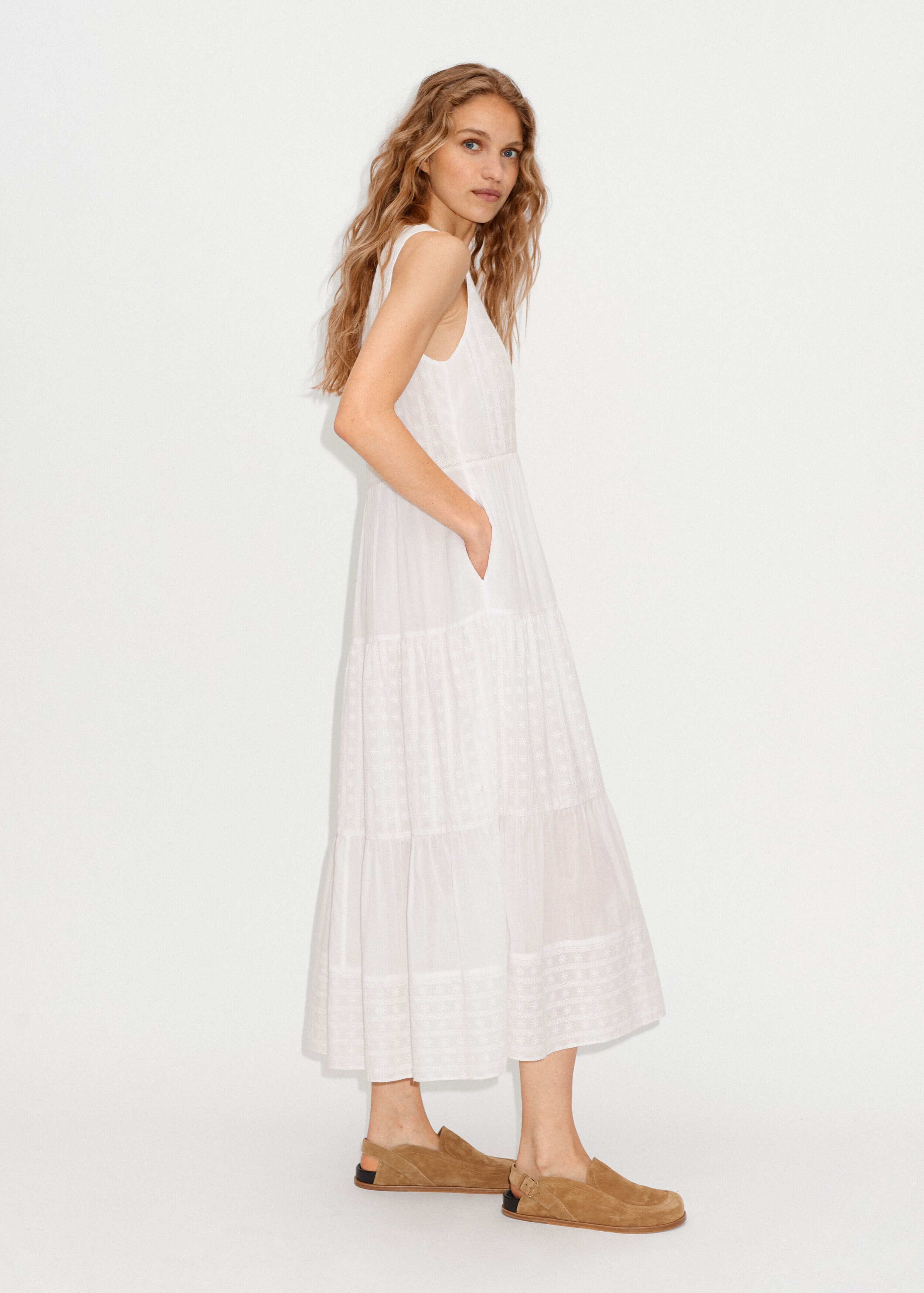 Floral Embroidery A-Line Midi Dress Soft White