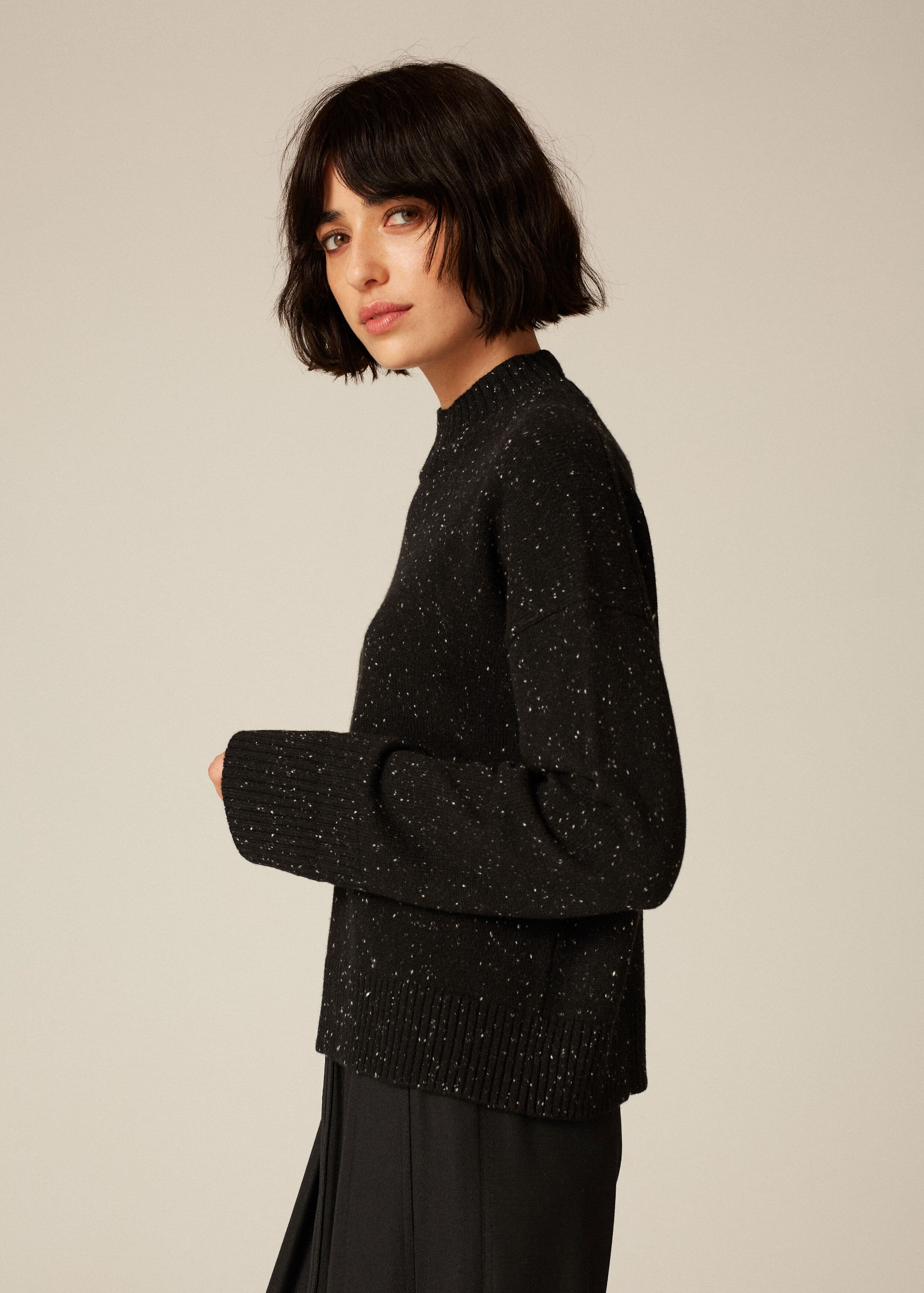 Cashmere Speckle Relaxed Box Sweater Black/Cream Speckle