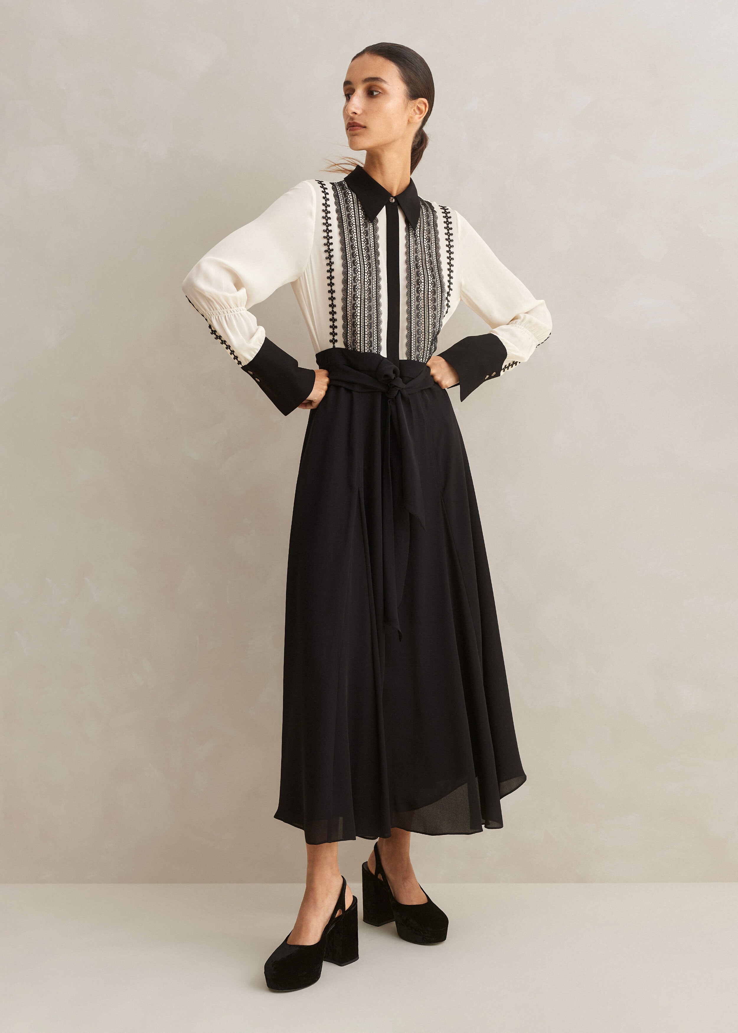 Silk Georgette Lace Maxi Shirt Dress + Belt Cream/Black