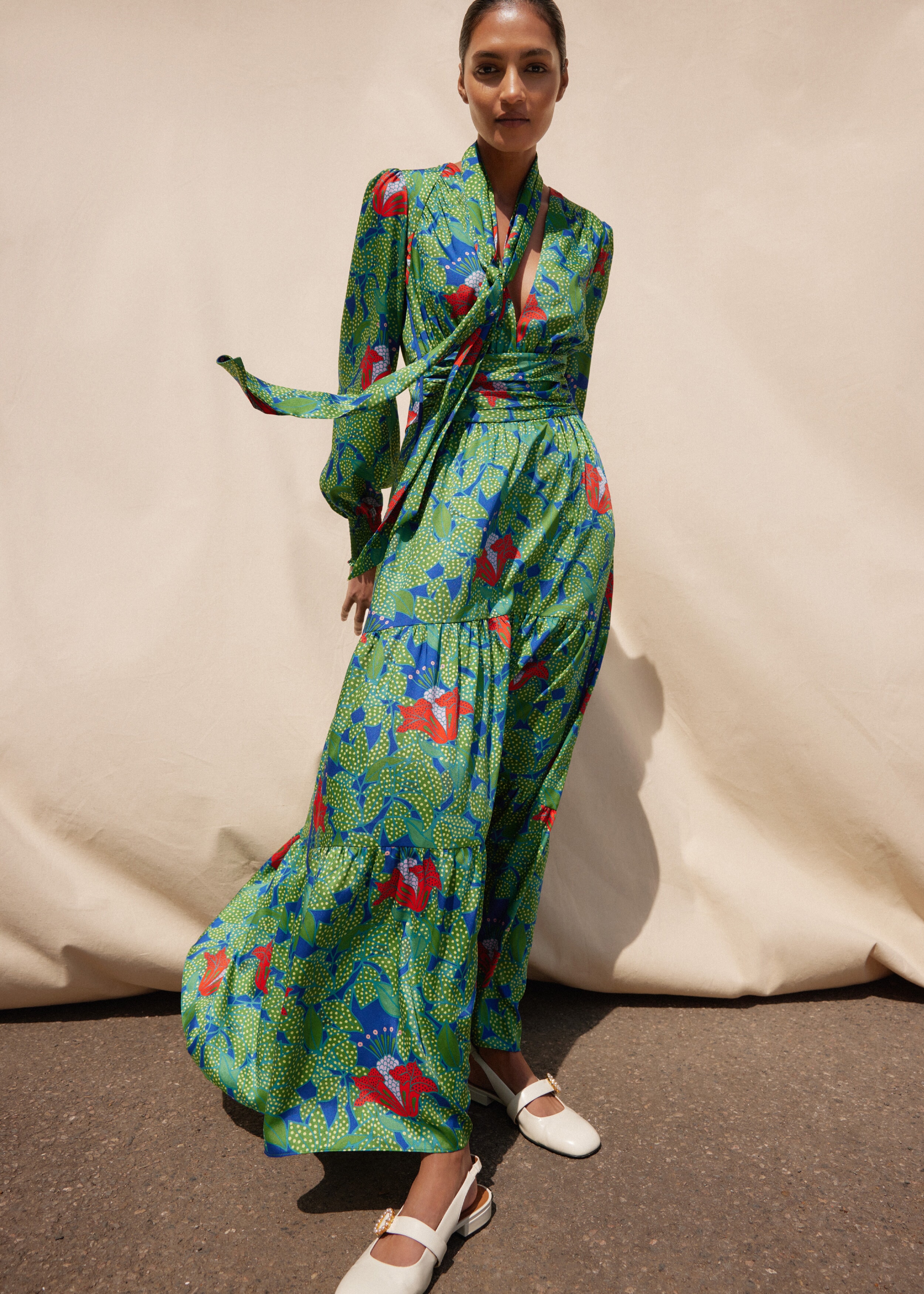 Rainforest Print Full-Length Dress + Belt Green/Purple/Orange