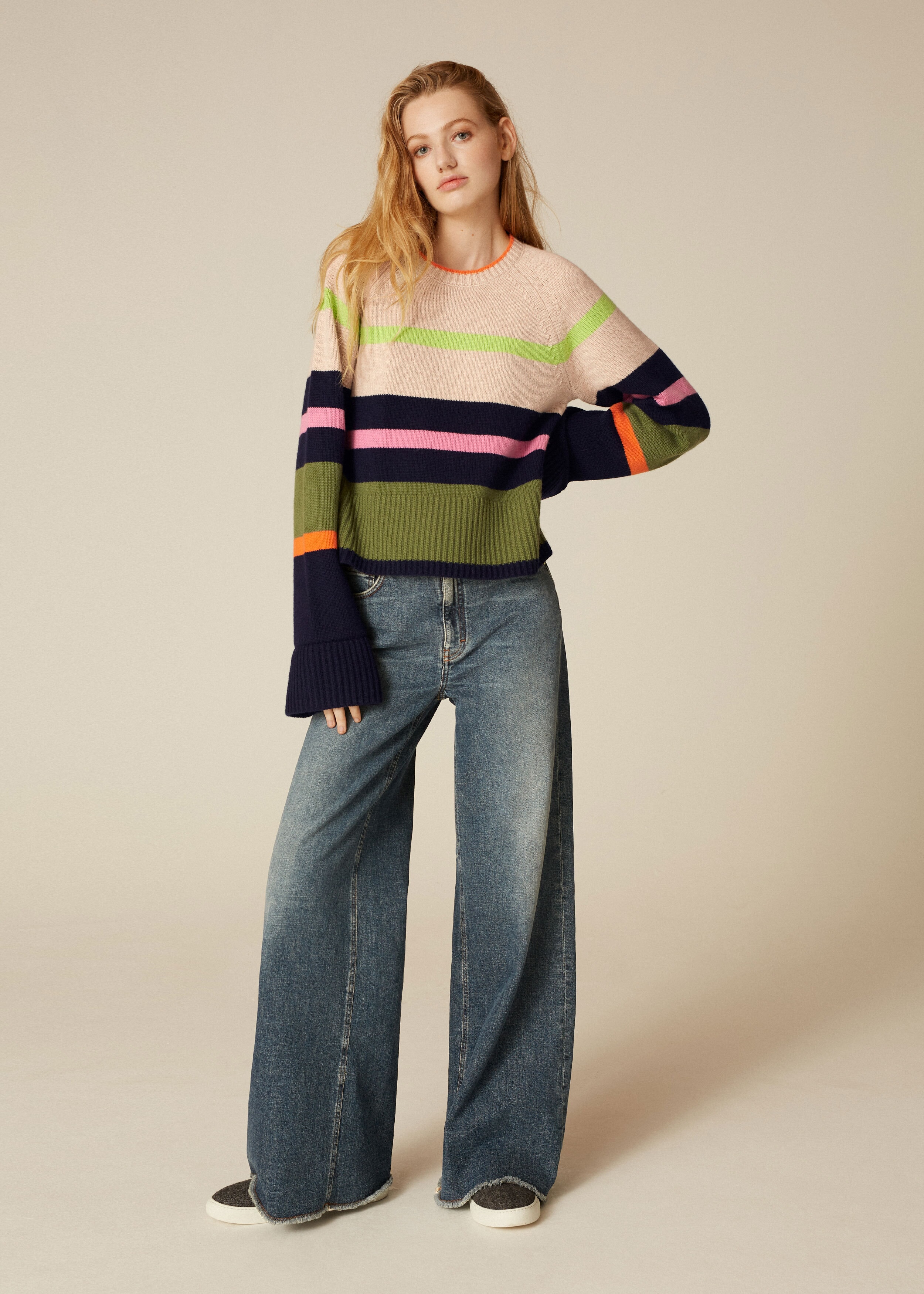 Merino Cashmere Multi-Coloured Stripe Sweater Oatmeal Multi