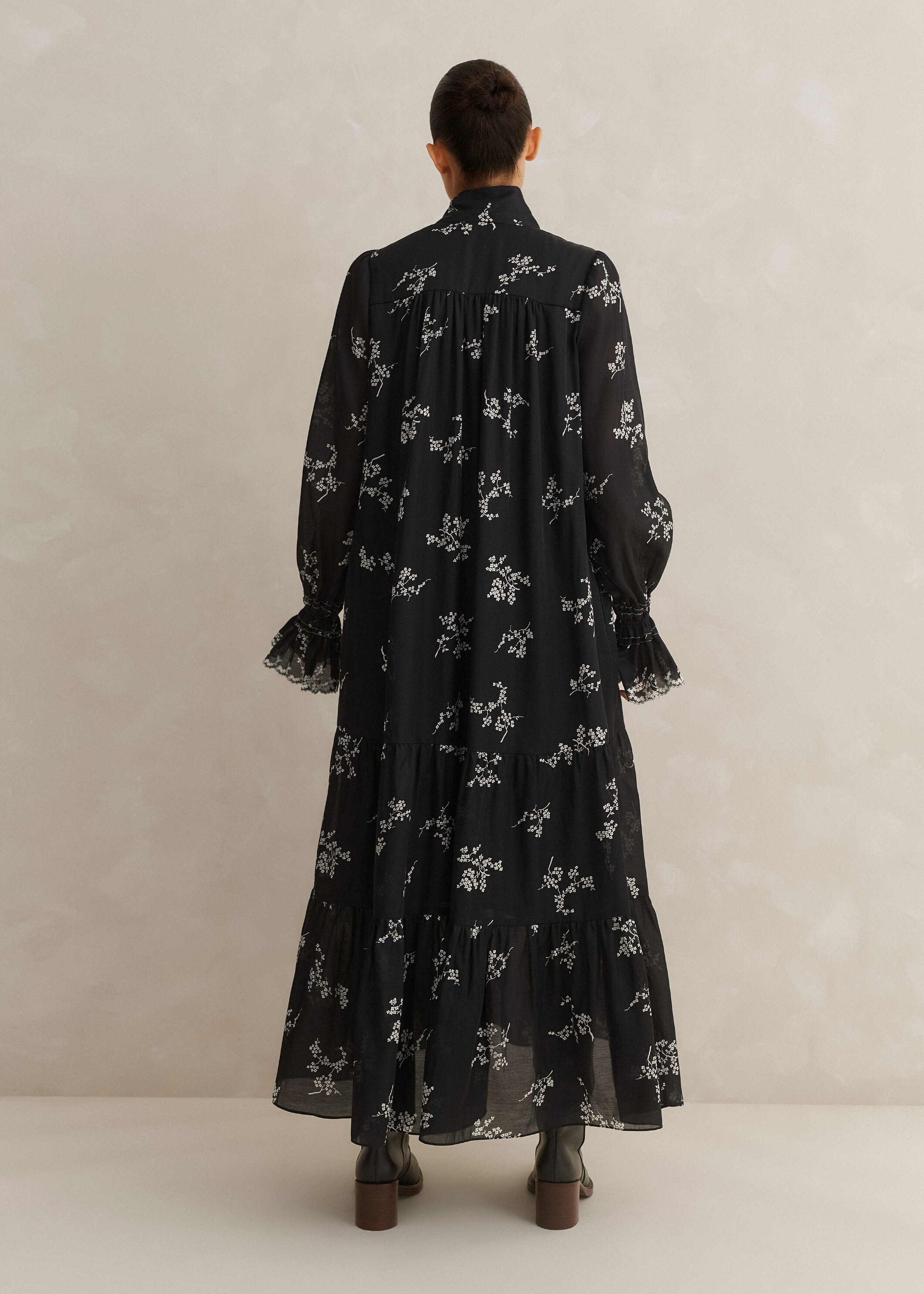Silk Organza Cherry Blossom Print Maxi Dress Black/Light Cream