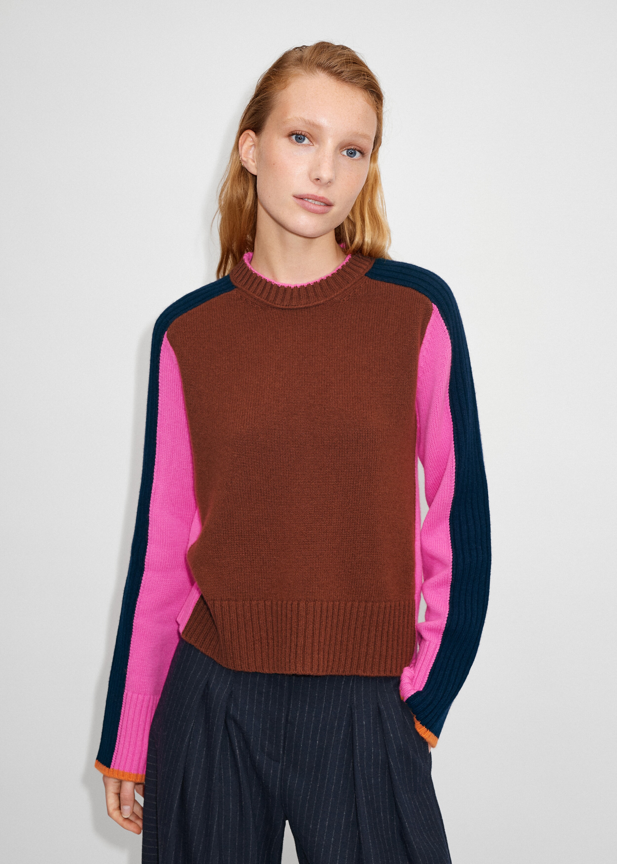 Merino Cashmere Colour Block Sweater + Snood Treacle/Ultra Pink/Navy/Orange