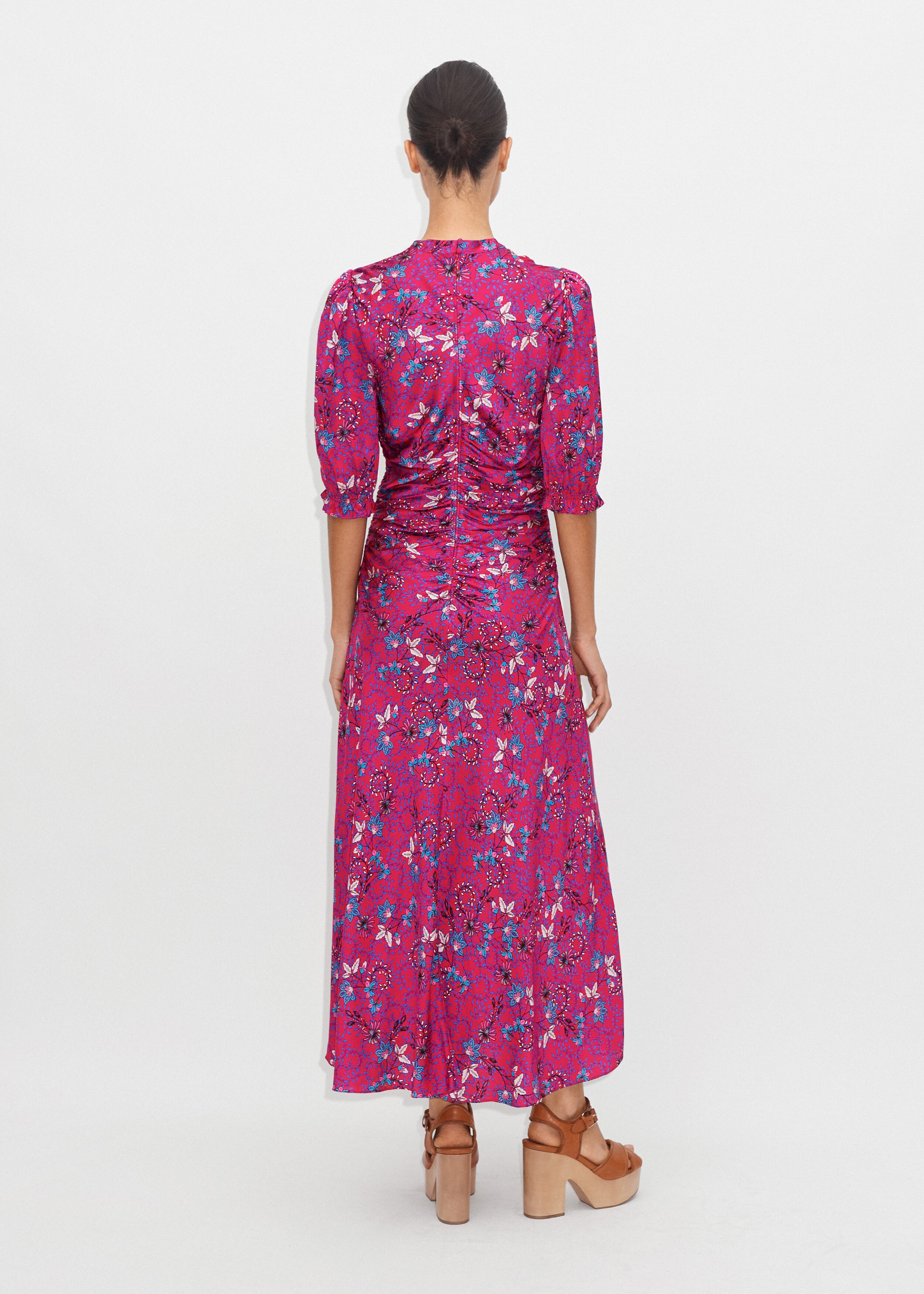 Wild Meadow Print Ruched Midi Dress Bright Rose/Black/Aqua