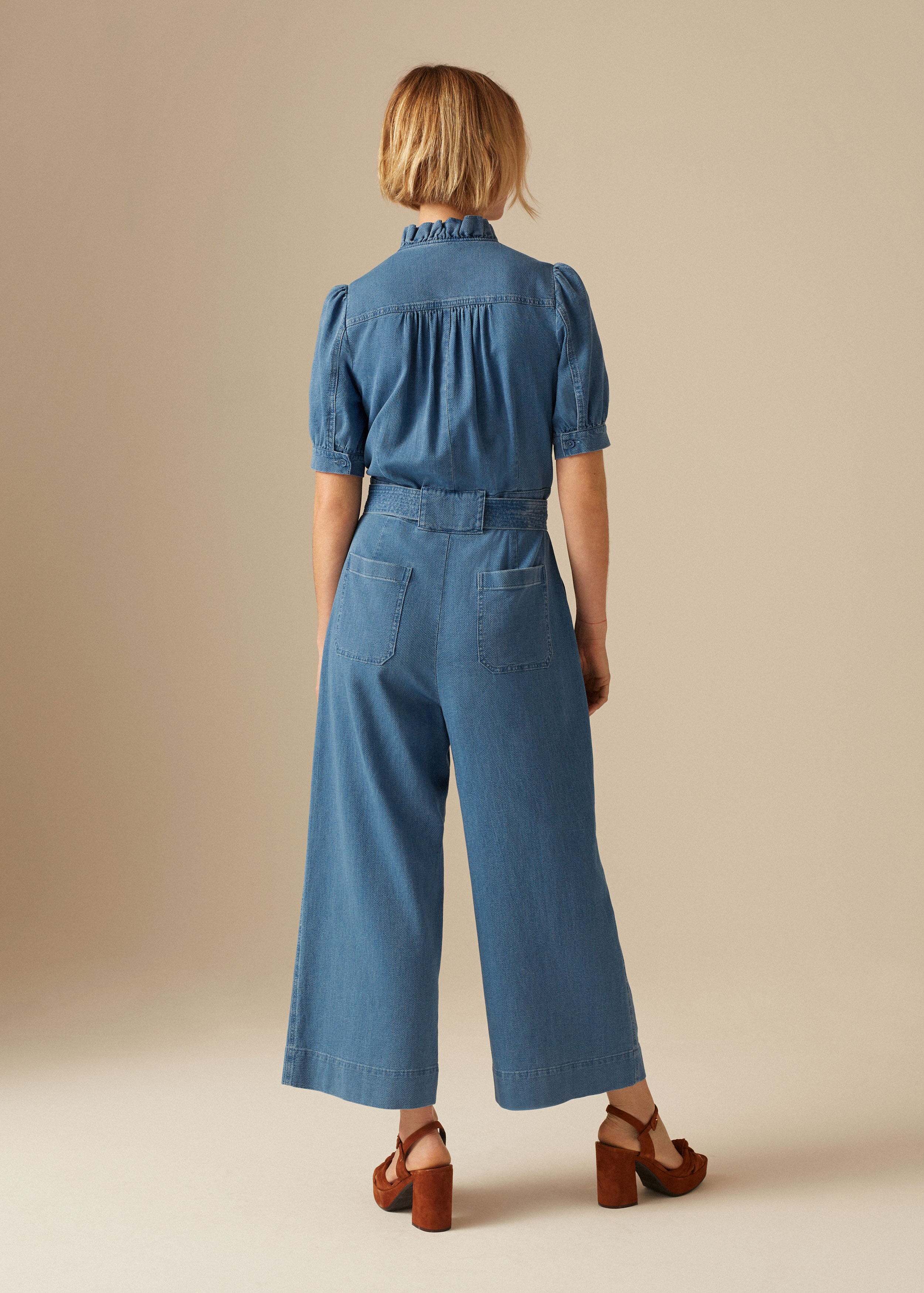 Cotton Dobby Crop Wide-Leg Jumpsuit + Belt