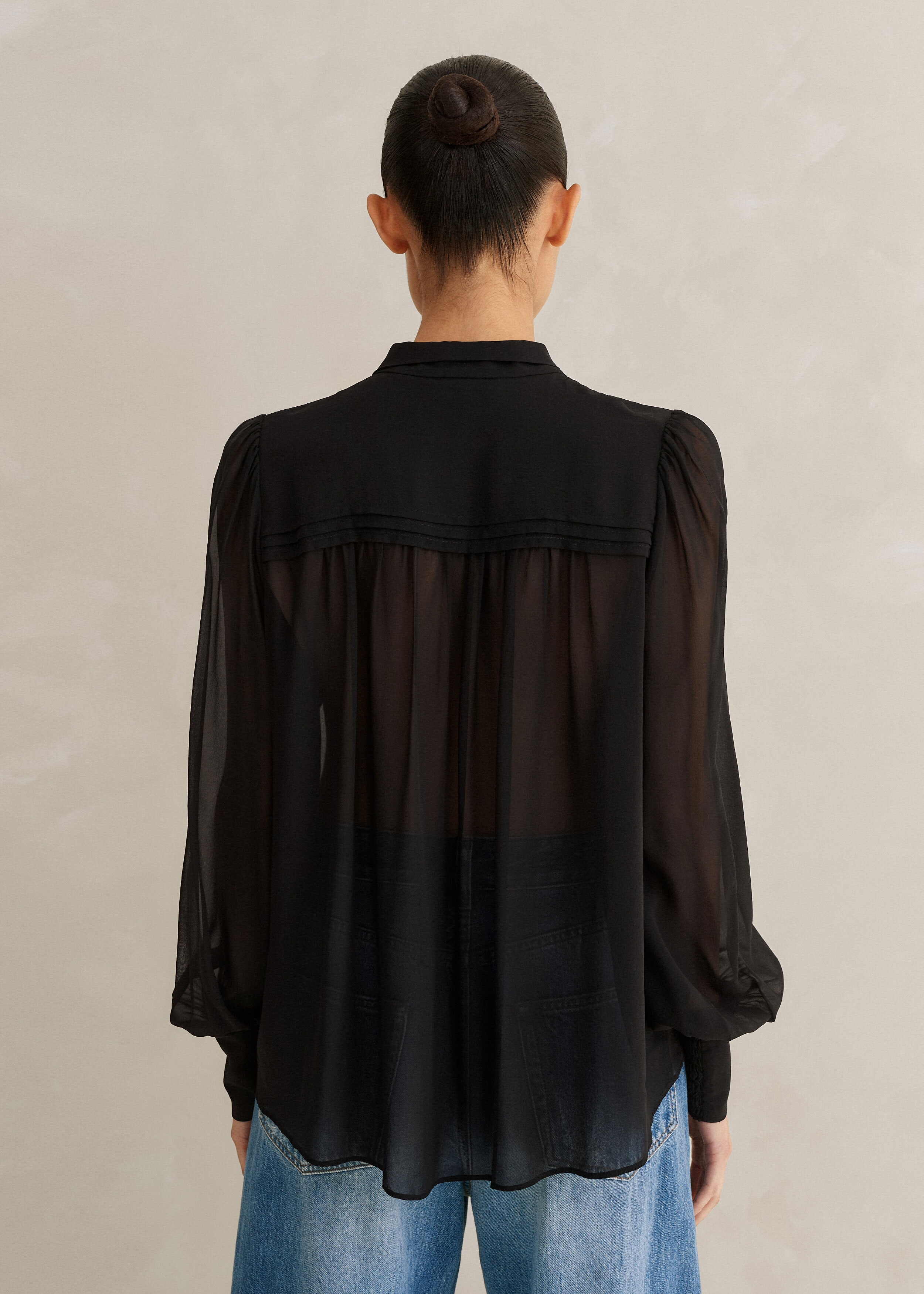 Ultra Sheer Silk Tuxedo Blouse Black
