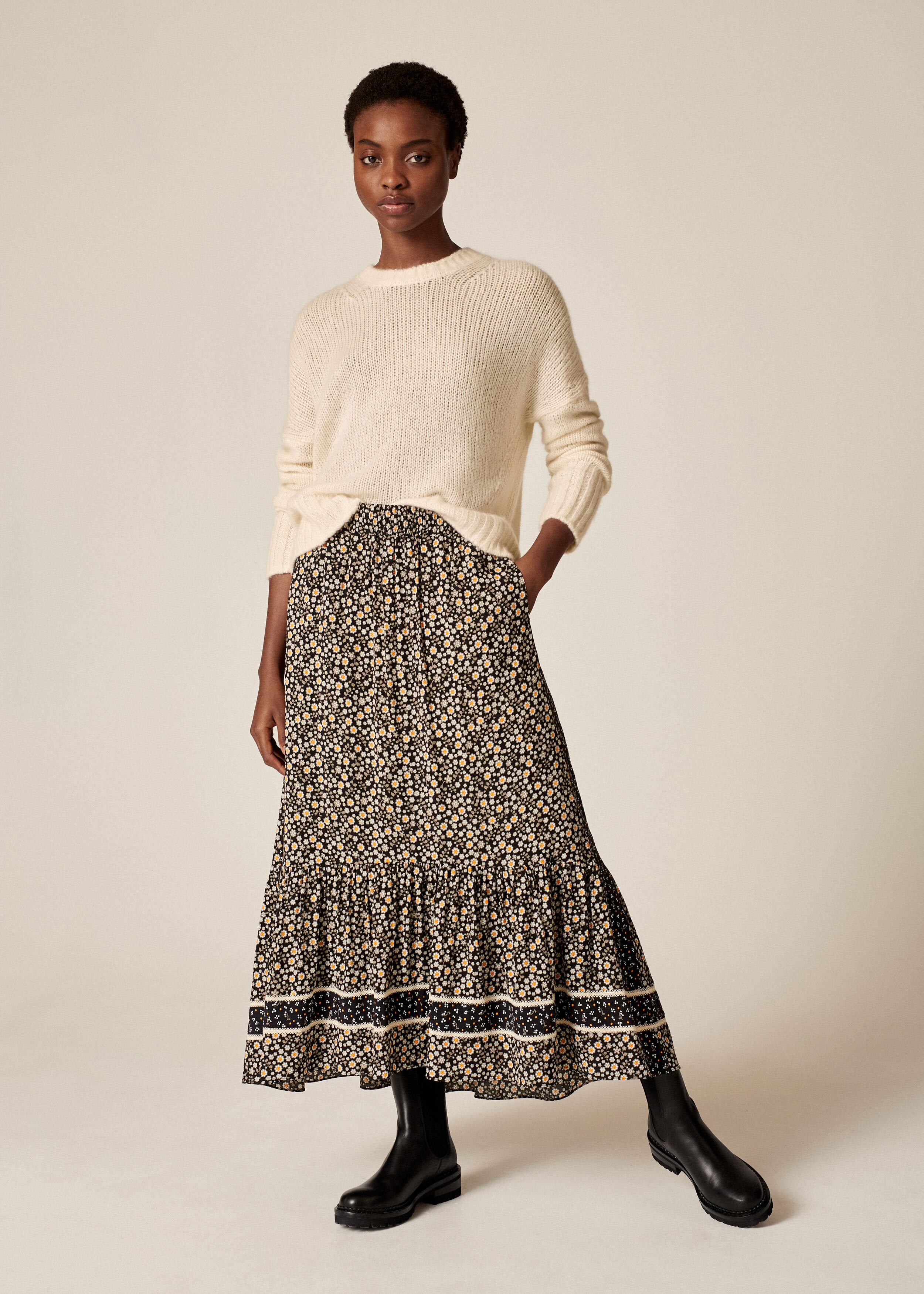 Cutout Floral Crochet Trim Skirt + Belt Black/Otter Grey/Chalk/Marmalade