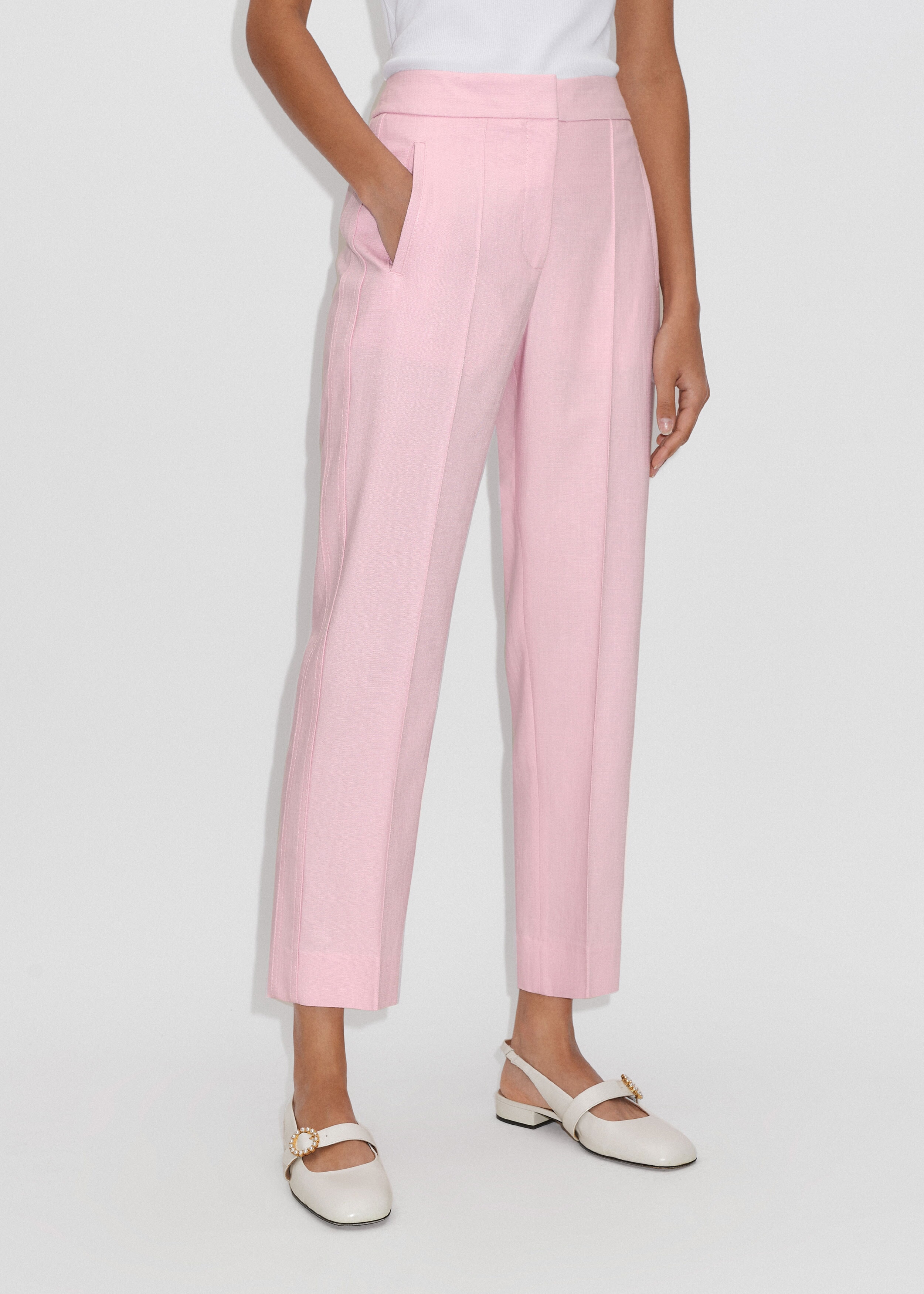 Textured Weave Straight Slim Crop Pant Candy Floss Pink